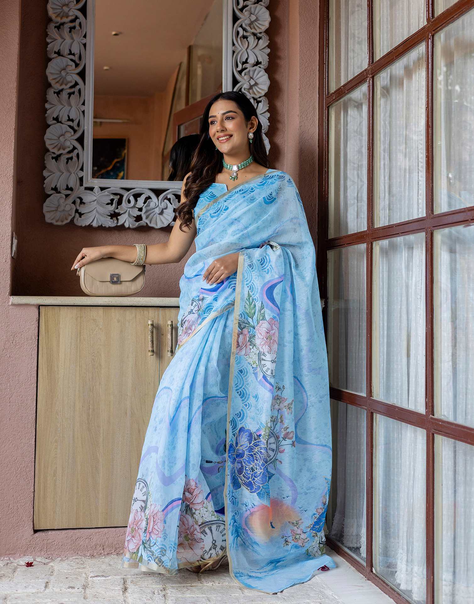 Light Blue Linen Floral Printed Saree - Image 9