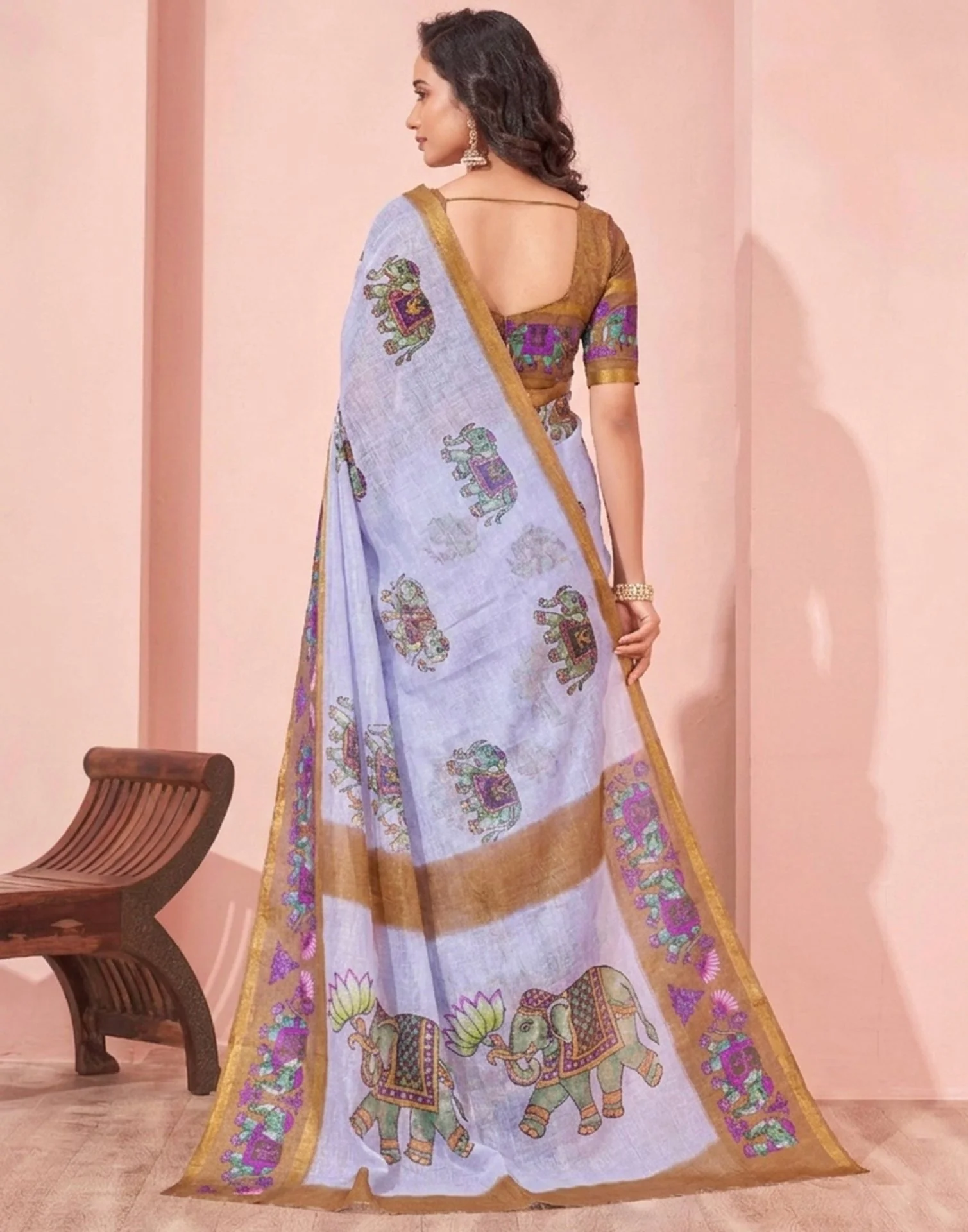 Light Blue Linen Printed Kalamkari Saree - Image 6
