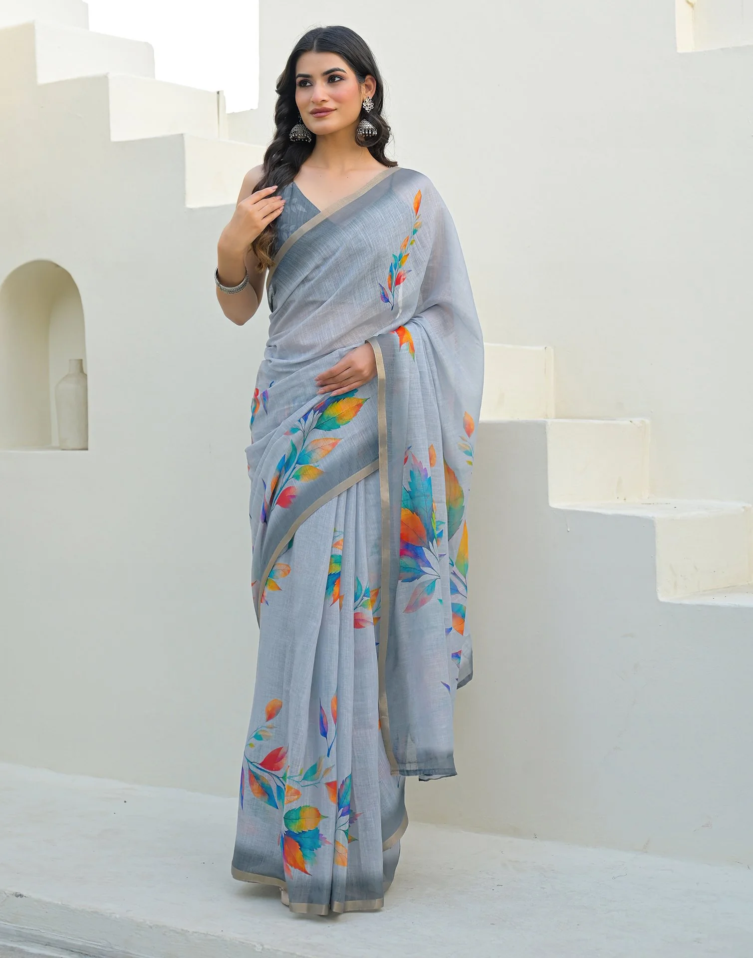 Light Blue Linen Printed Saree - Image 2