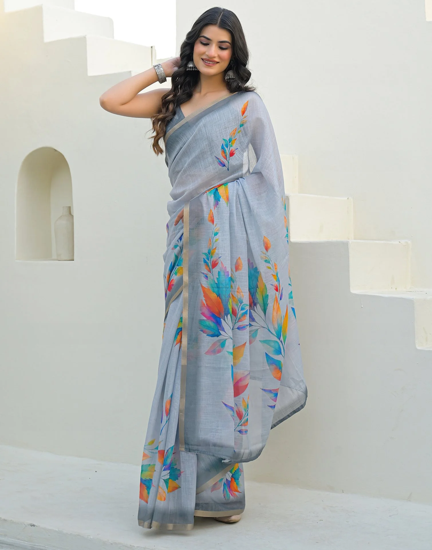 Light Blue Linen Printed Saree - Image 4