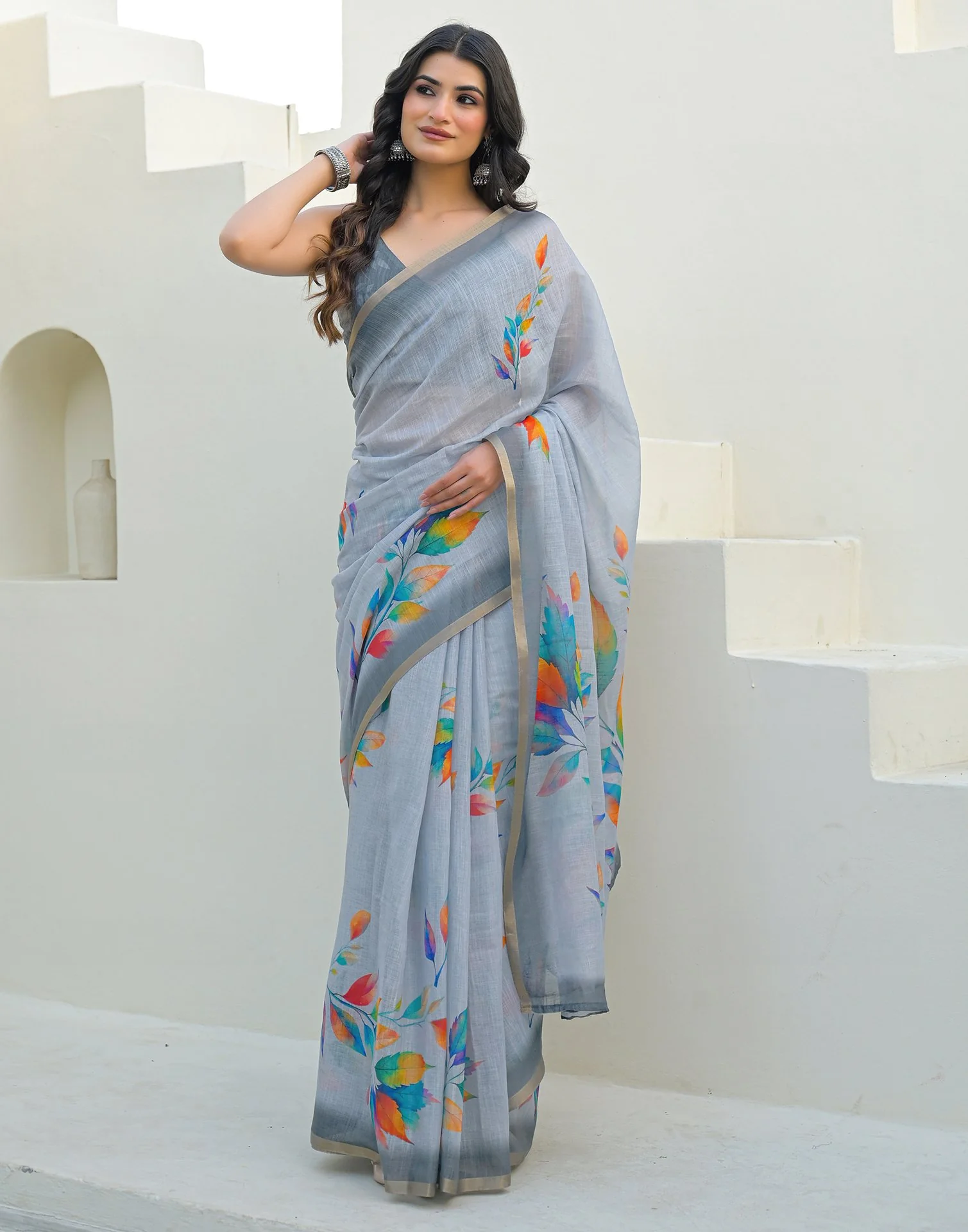Light Blue Linen Printed Saree - Image 5