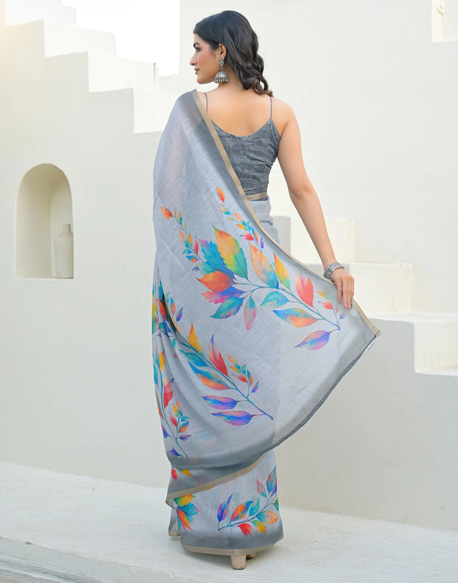 Light Blue Linen Printed Saree - Image 6