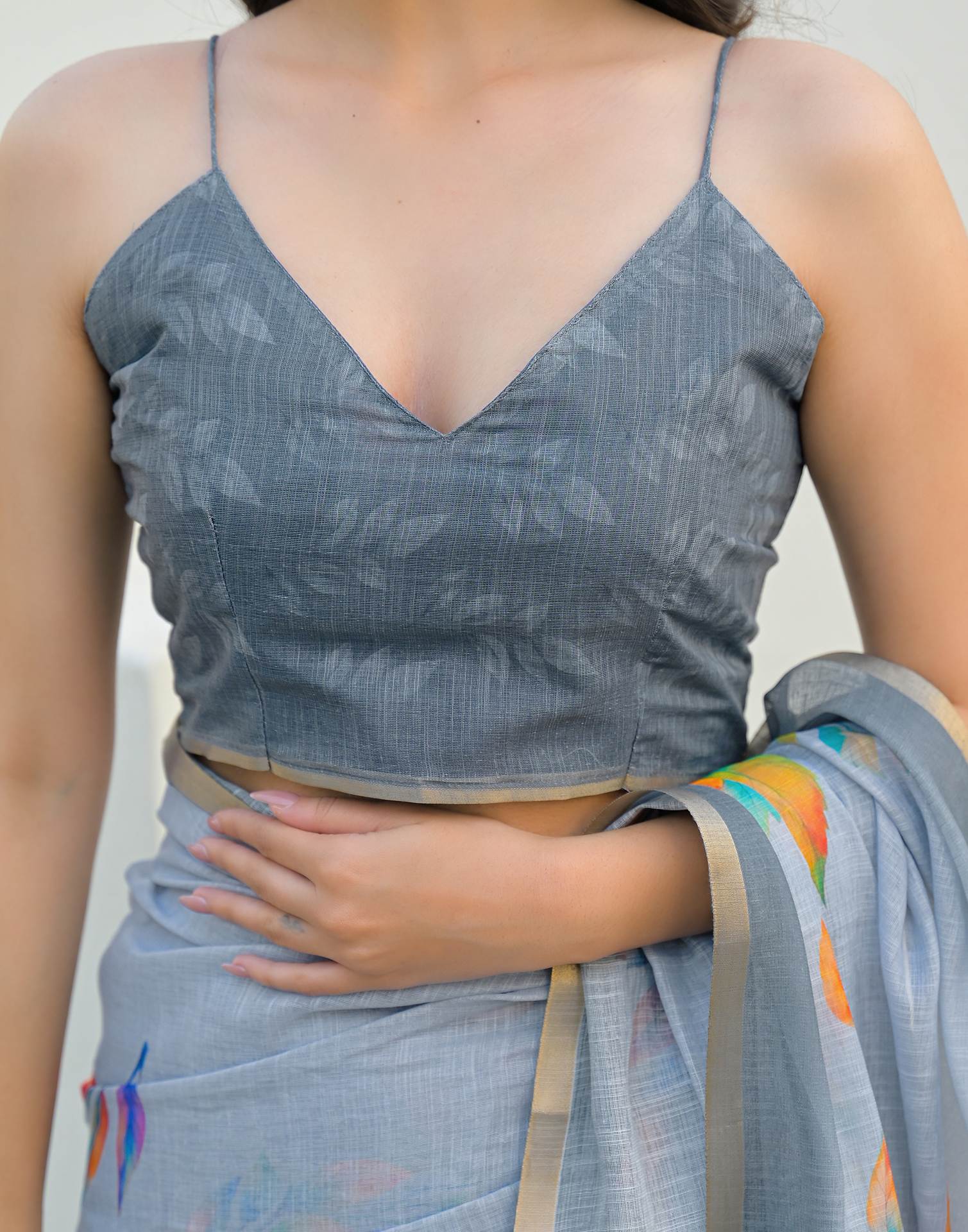 Light Blue Linen Printed Saree - Image 7