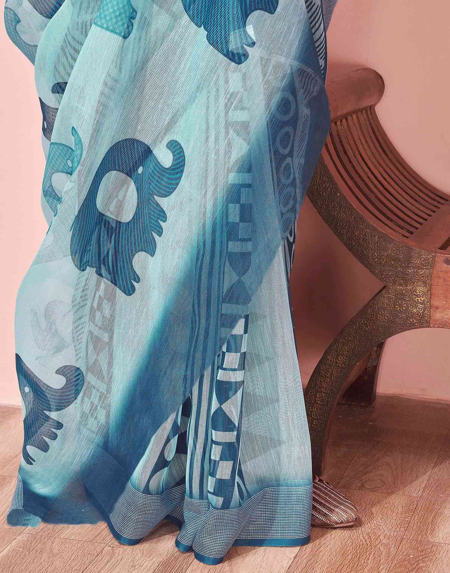 Light Blue Linen Printed Saree - Image 10