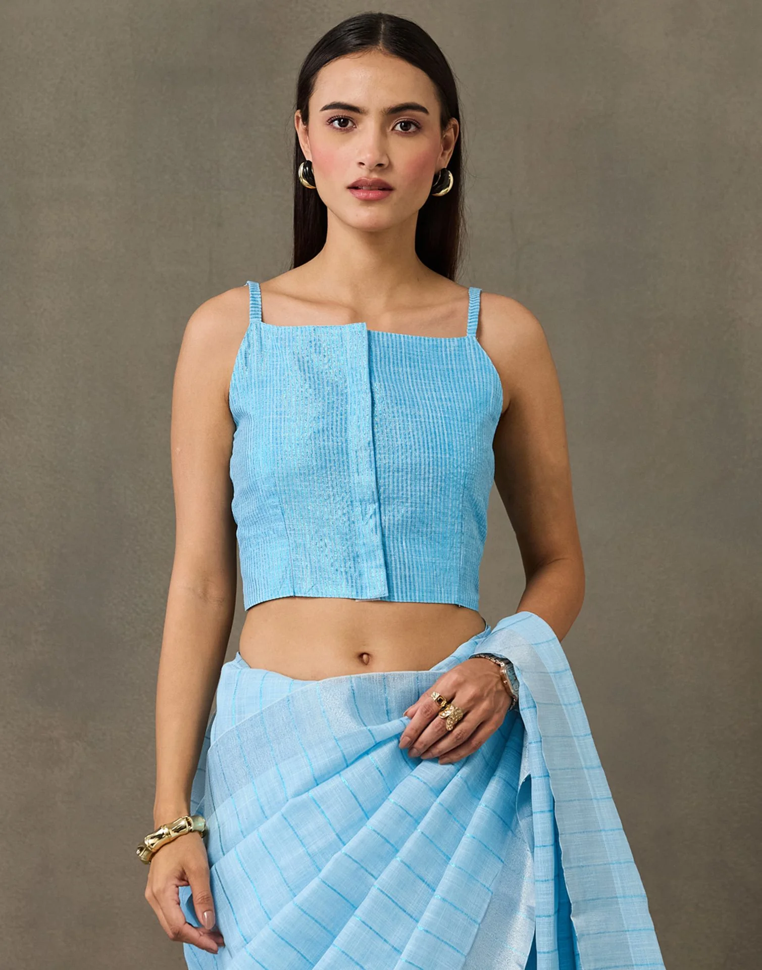Light Blue Linen Woven Zari Stripe Saree - Image 8