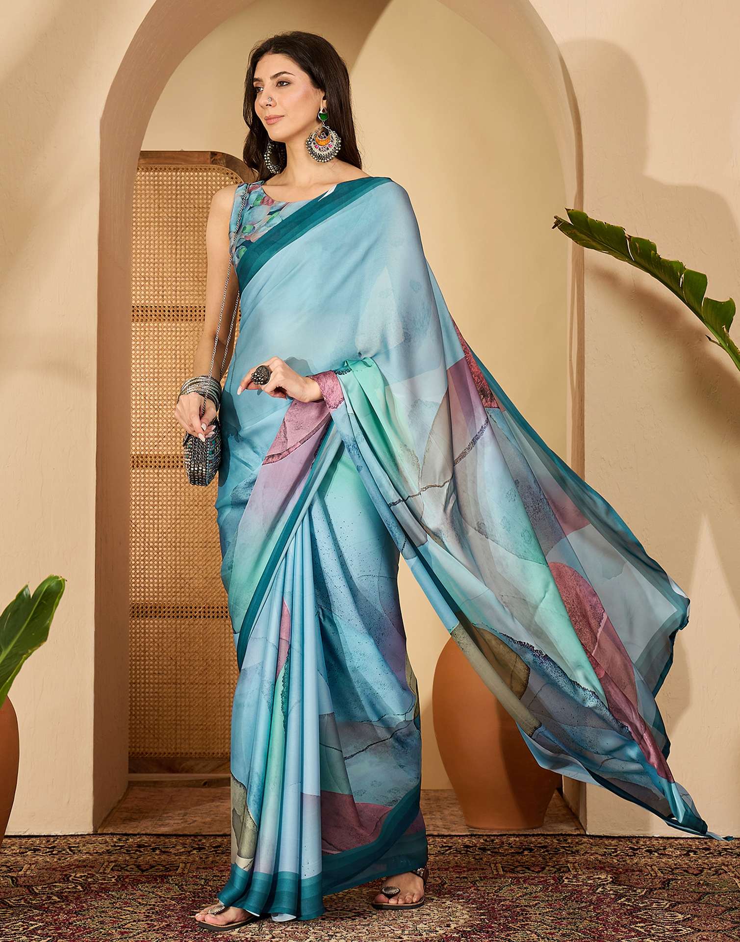 Light Blue Satin Printed Saree - Image 5