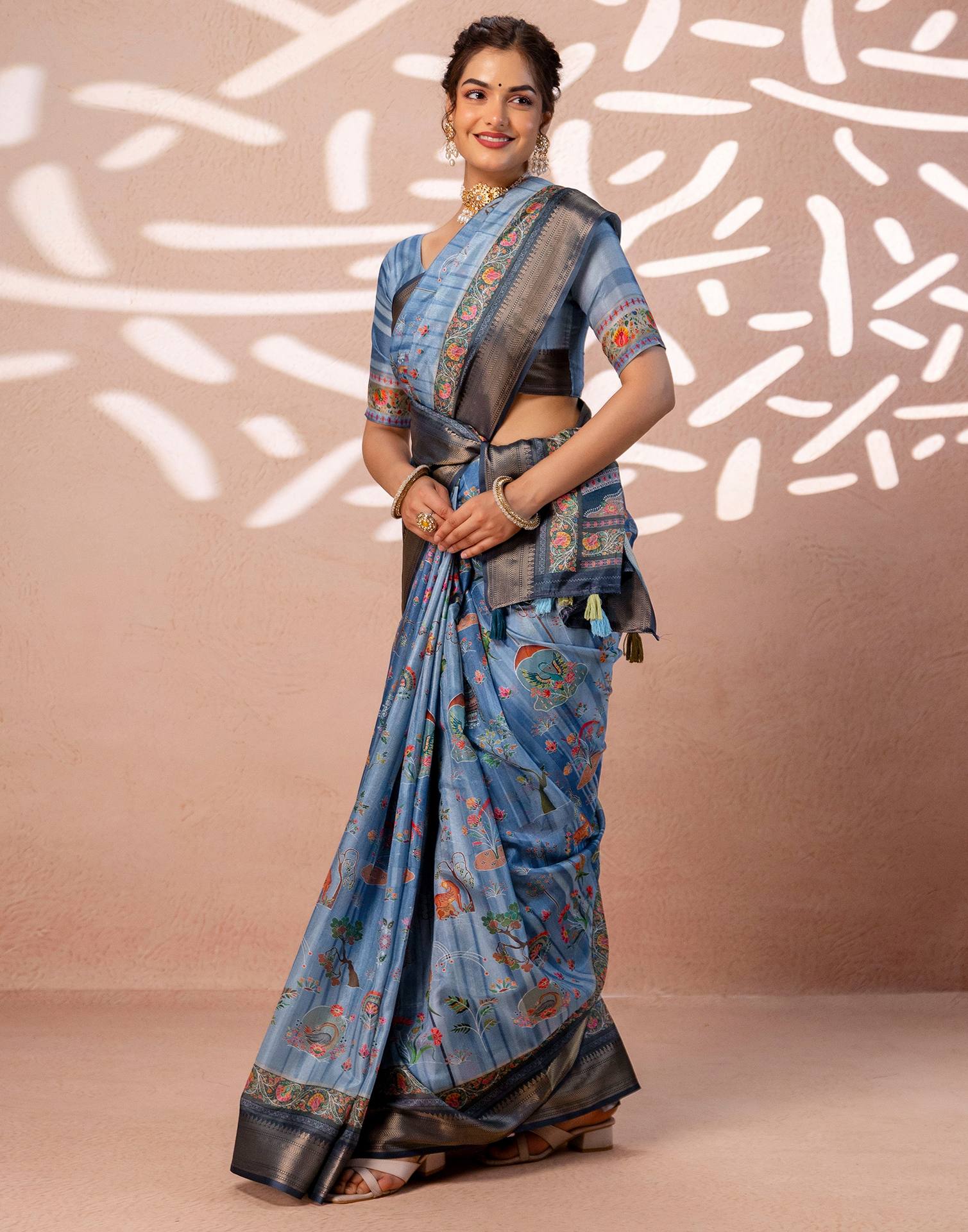 Light Blue Silk Kalamkari Woven Border Saree - Image 10