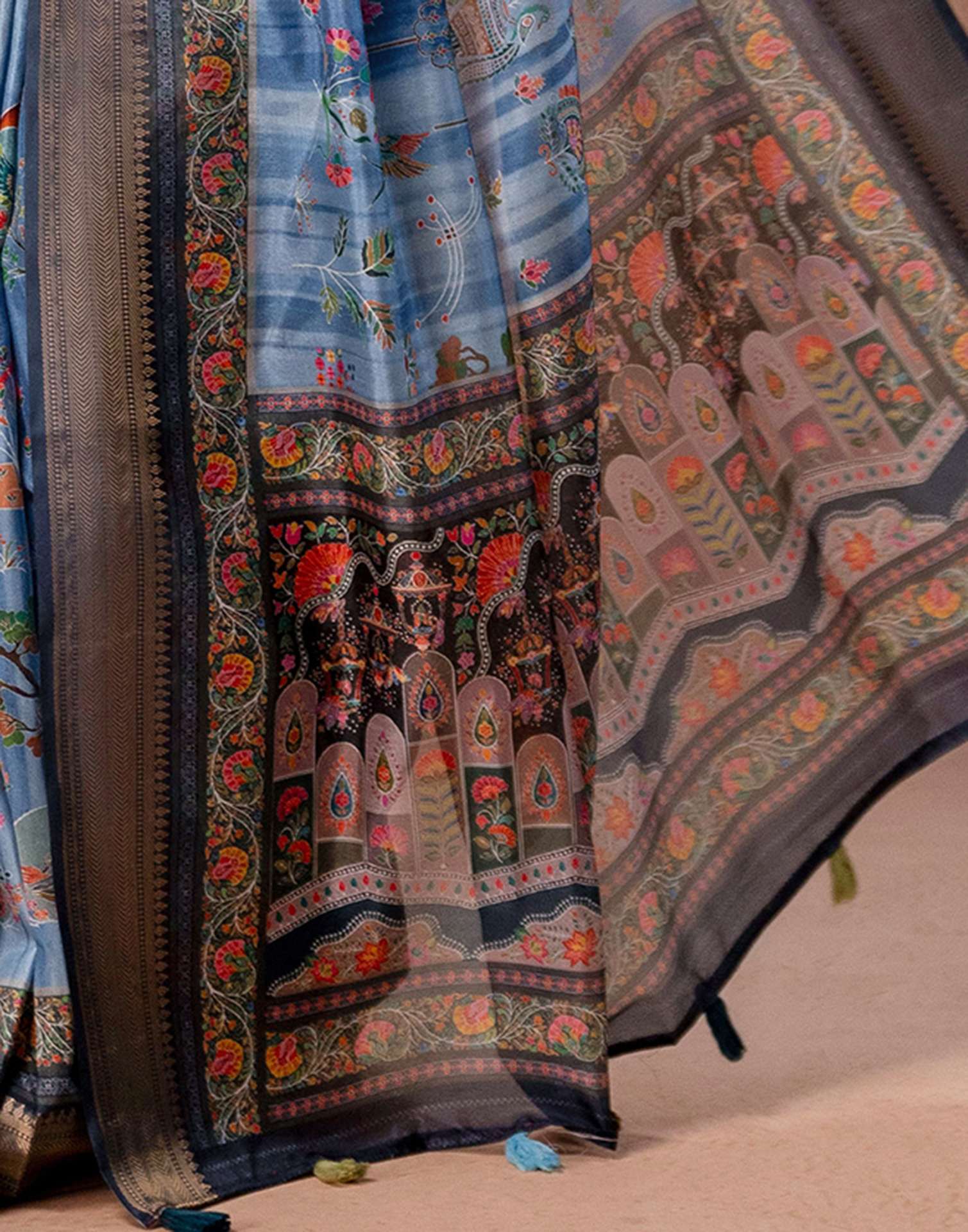 Light Blue Silk Kalamkari Woven Border Saree - Image 13