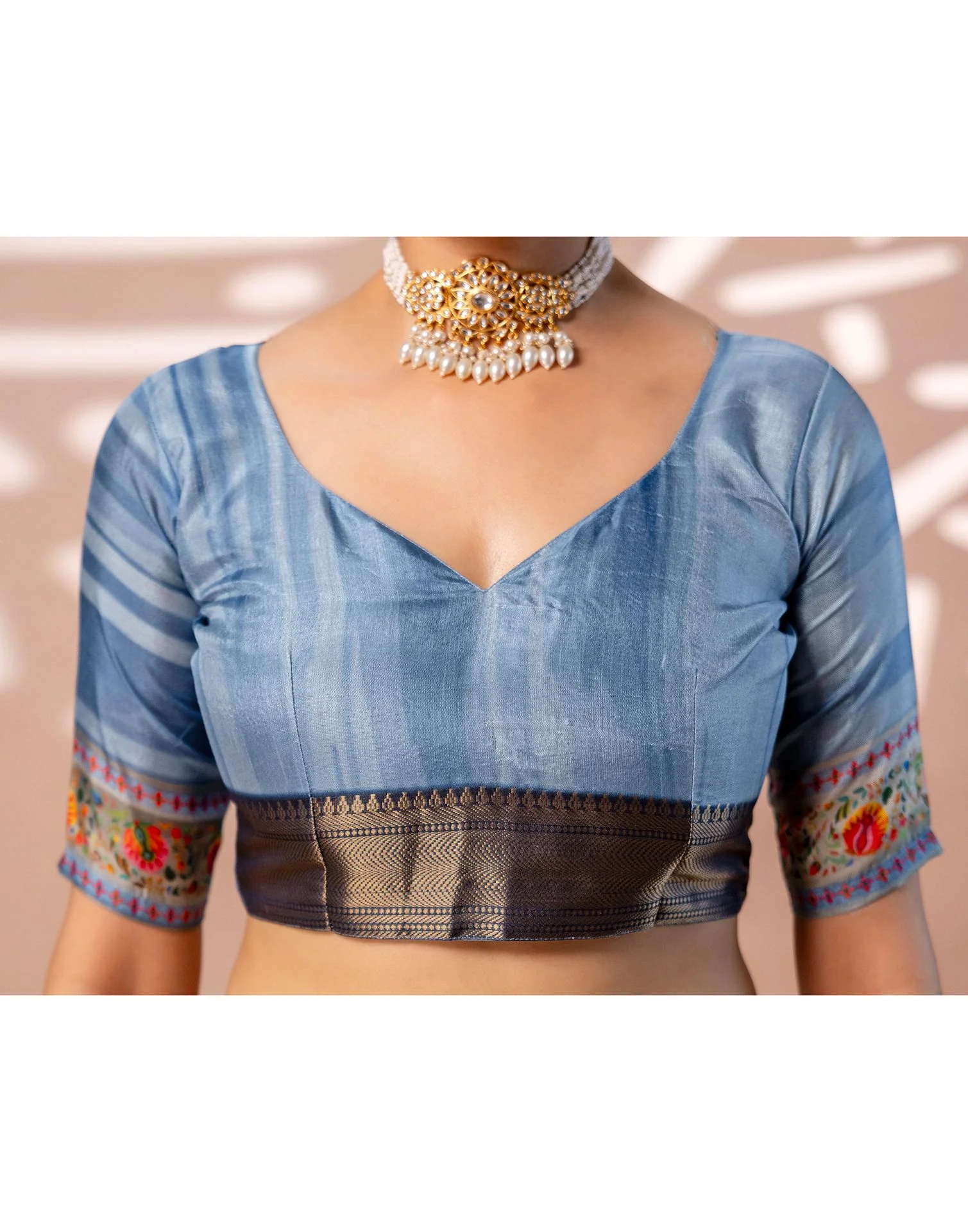 Light Blue Silk Kalamkari Woven Border Saree - Image 15