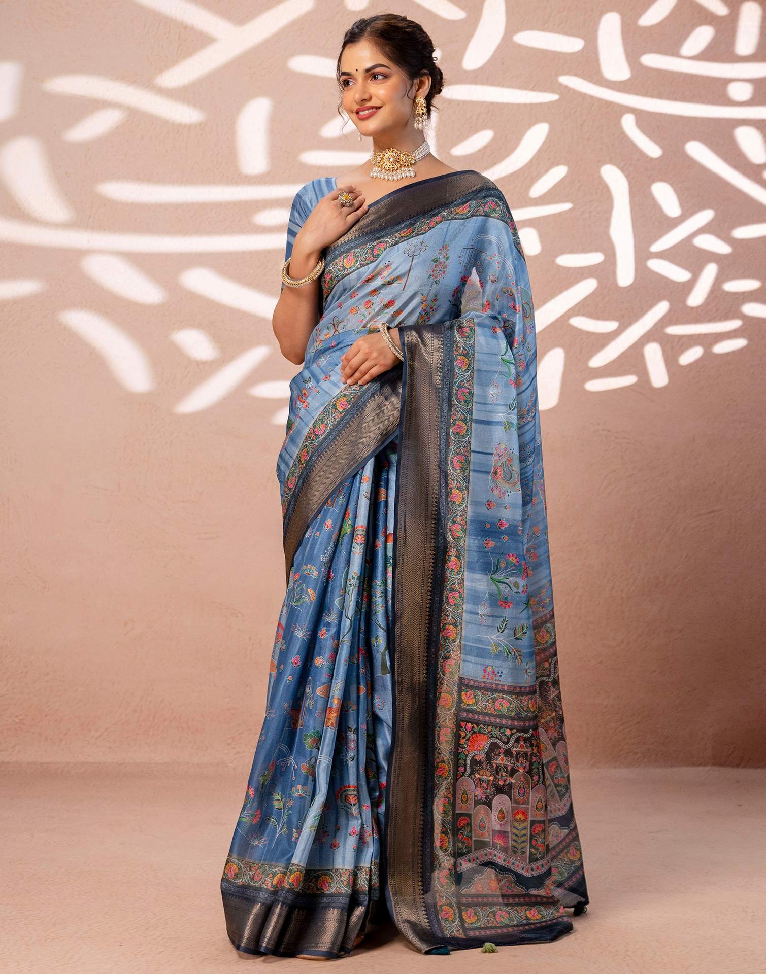 Light Blue Silk Kalamkari Woven Border Saree - Image 2
