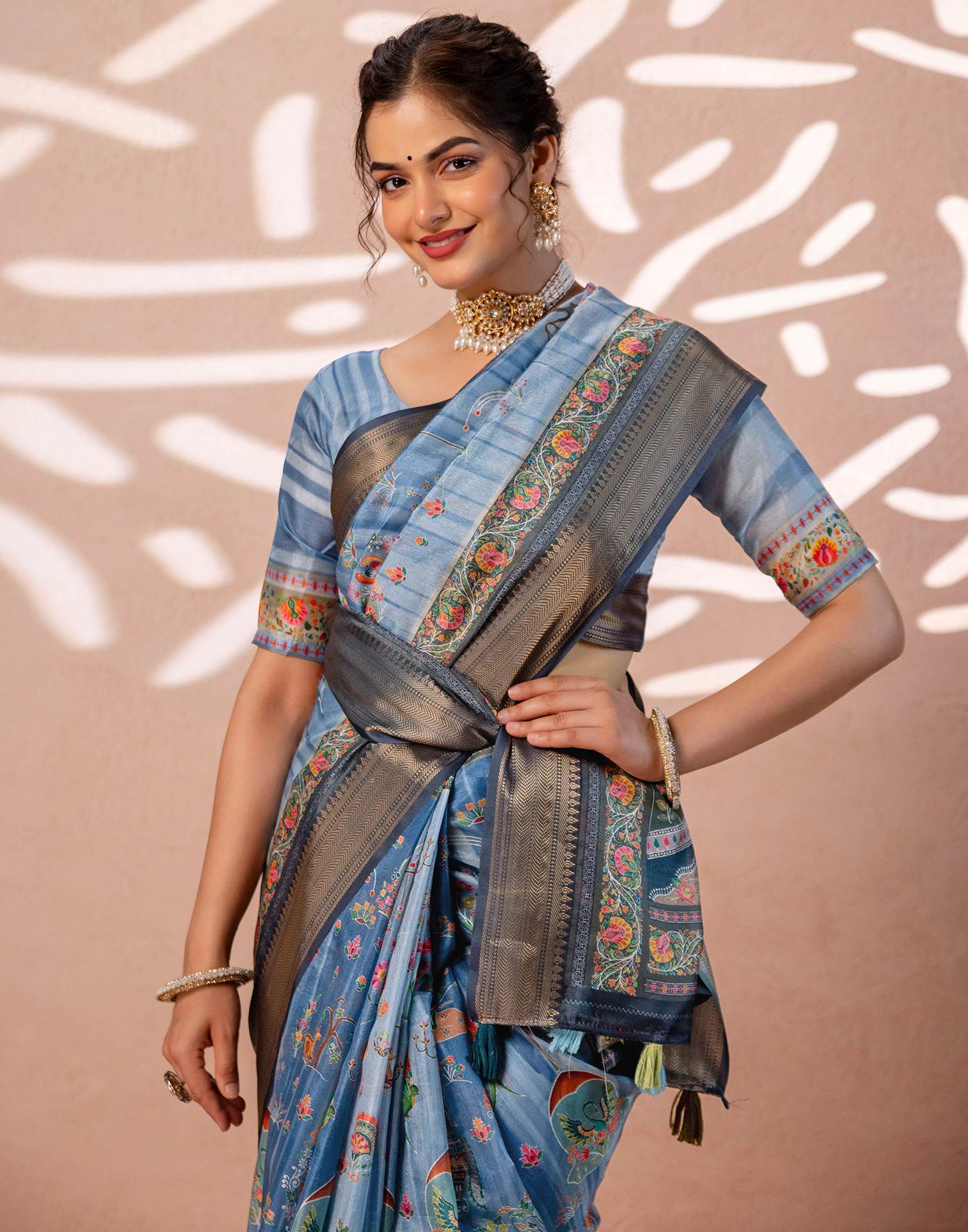 Light Blue Silk Kalamkari Woven Border Saree - Image 4