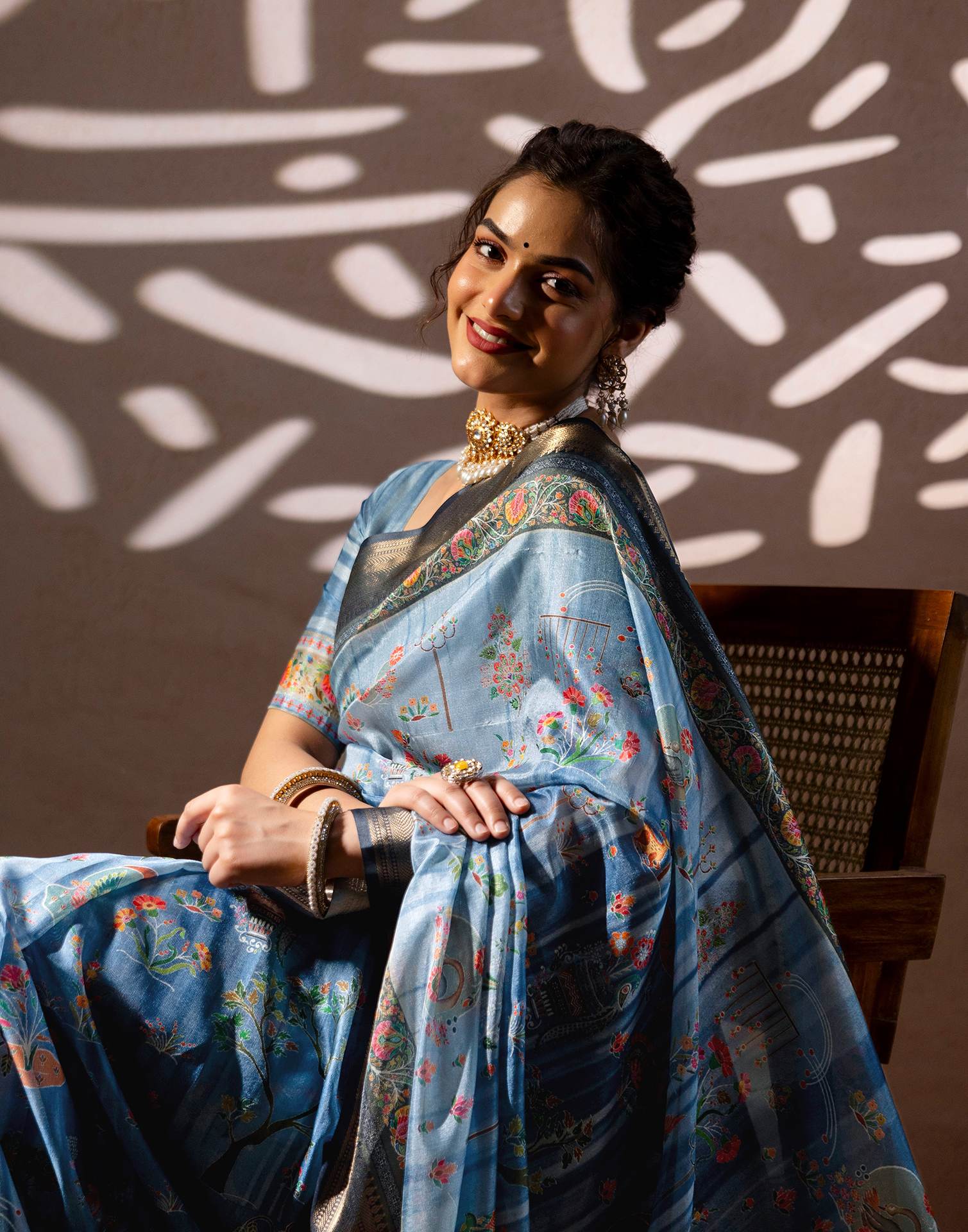 Light Blue Silk Kalamkari Woven Border Saree - Image 5