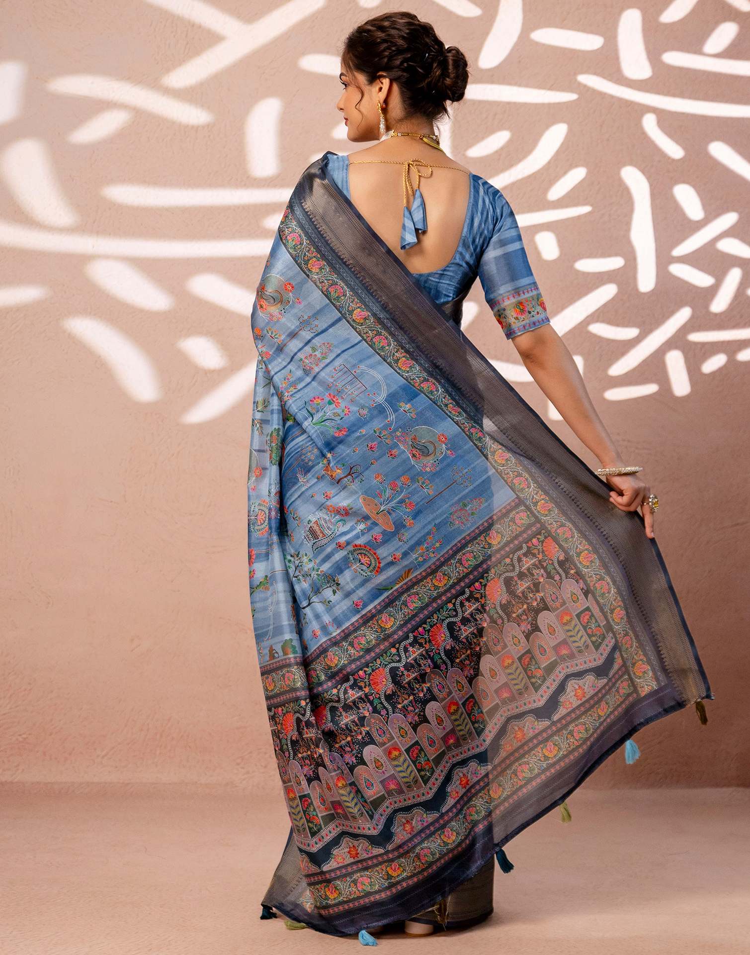 Light Blue Silk Kalamkari Woven Border Saree - Image 8