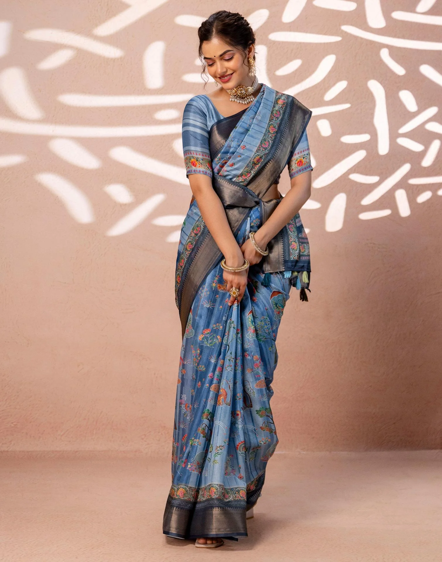 Light Blue Silk Kalamkari Woven Border Saree - Image 9