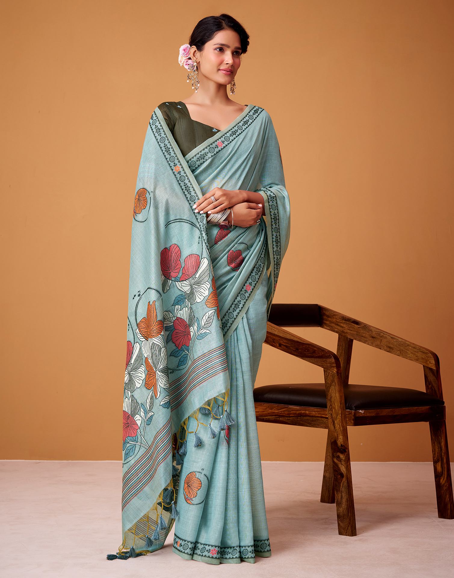 Light Blue Silk Woven Printed Saree - Image 5