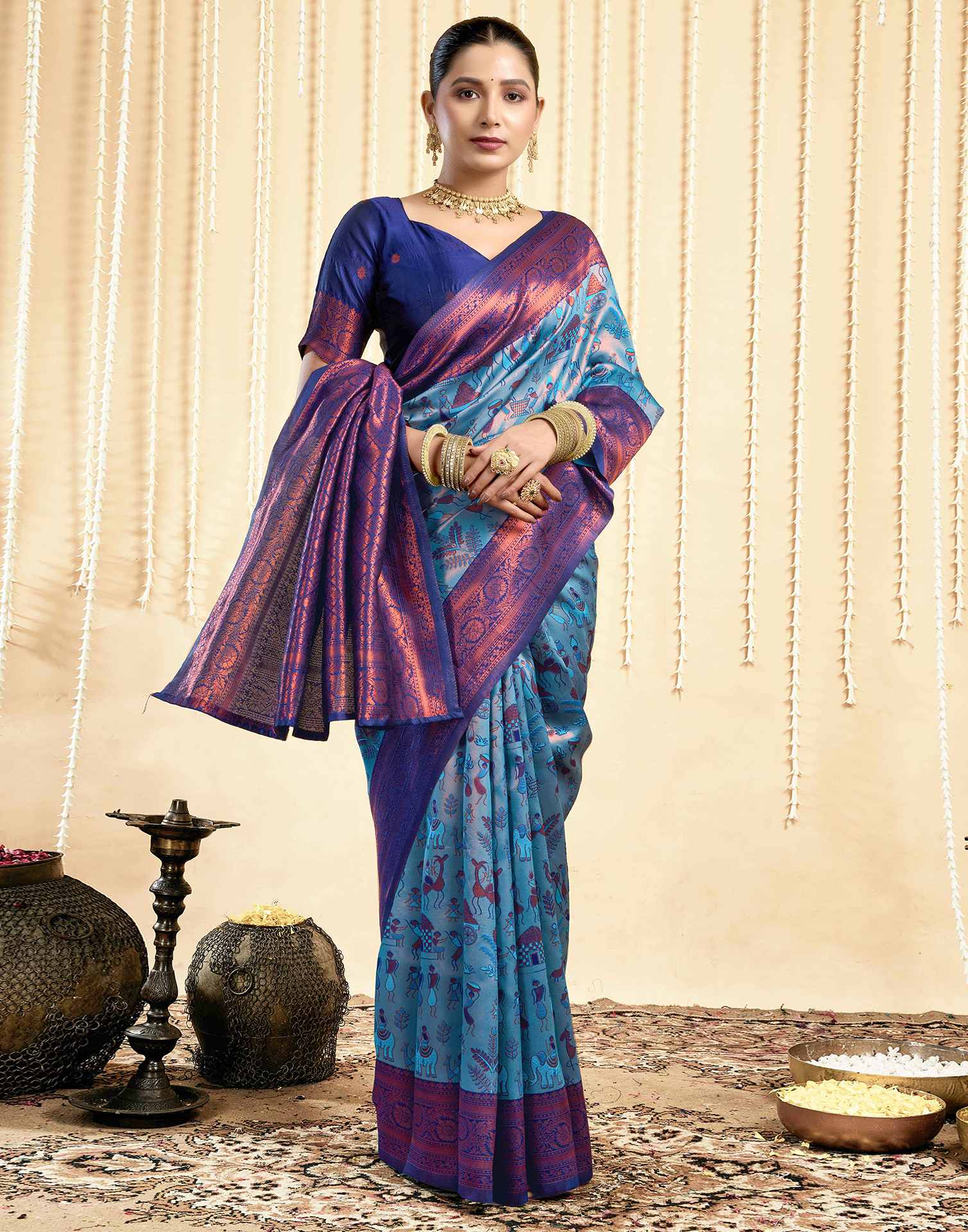 Light Blue Silk Woven Banarasi Saree - Image 5