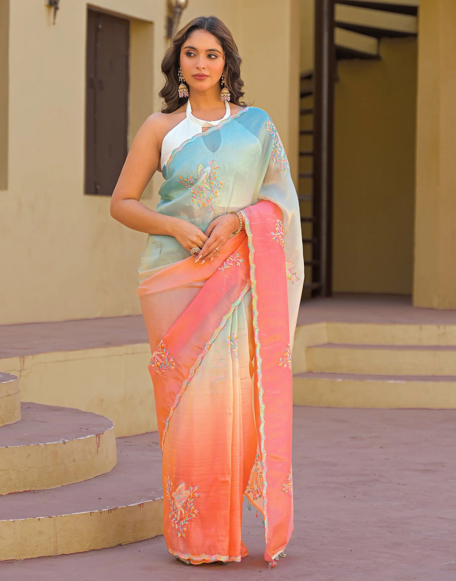 Light Blue Tissue Silk Sequence Embroidery Saree