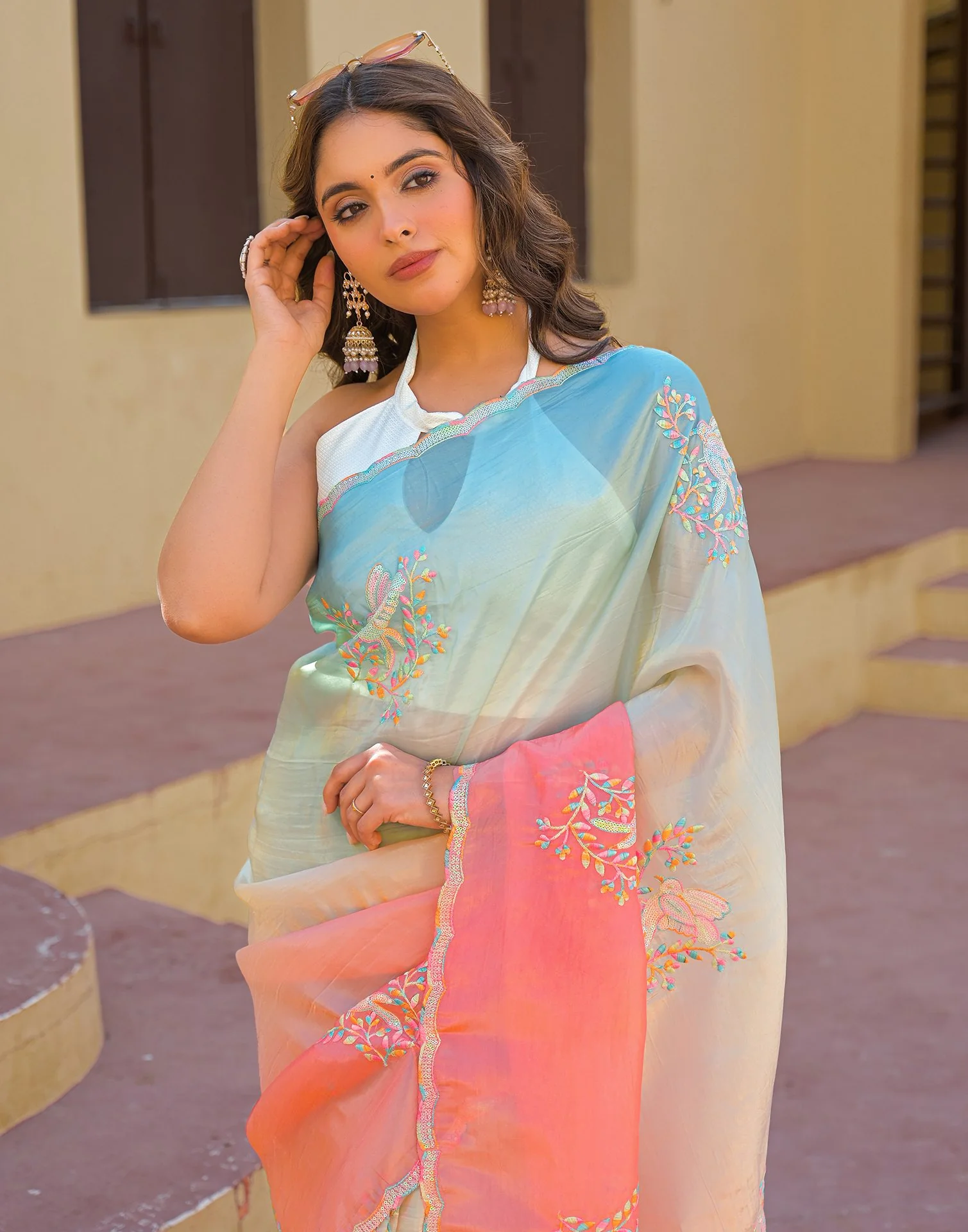 Light Blue Tissue Silk Sequence Embroidery Saree - Image 2