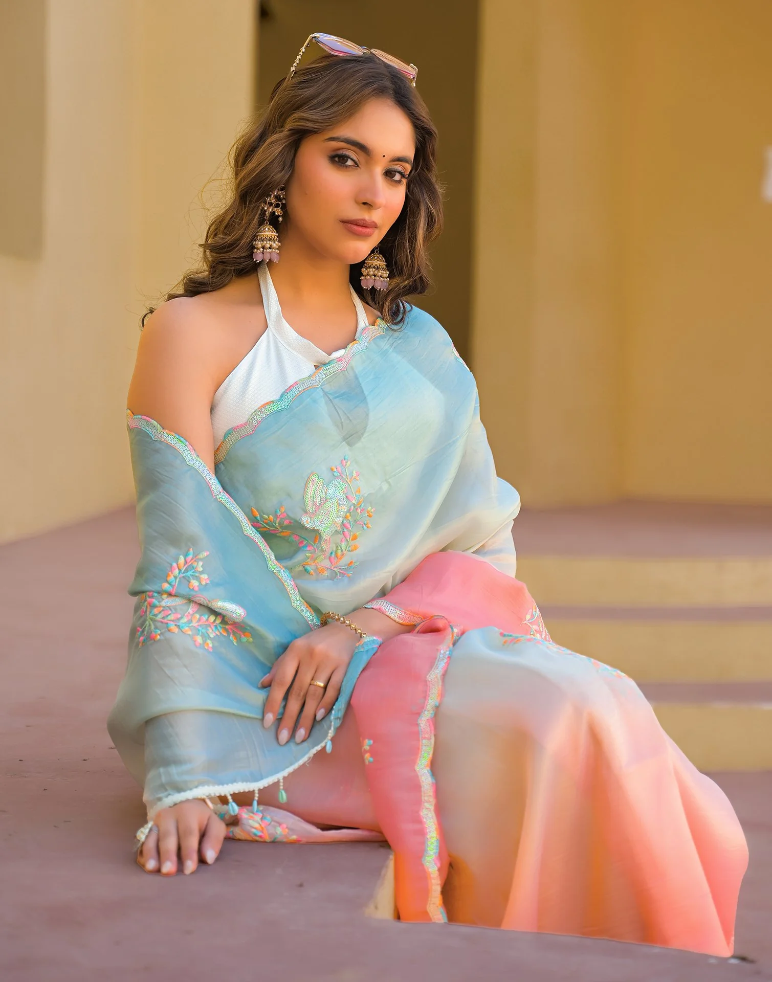Light Blue Tissue Silk Sequence Embroidery Saree - Image 4