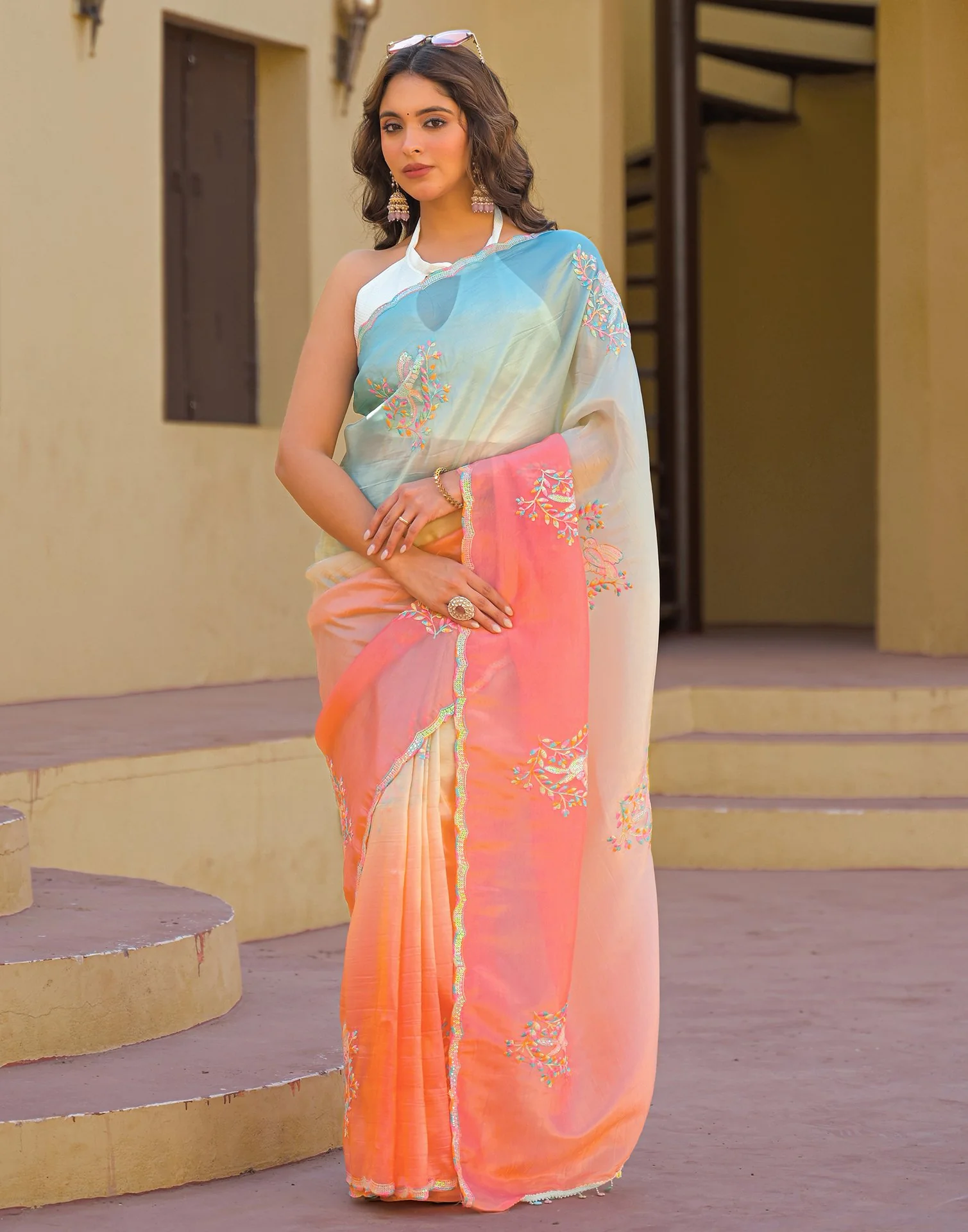 Light Blue Tissue Silk Sequence Embroidery Saree - Image 5