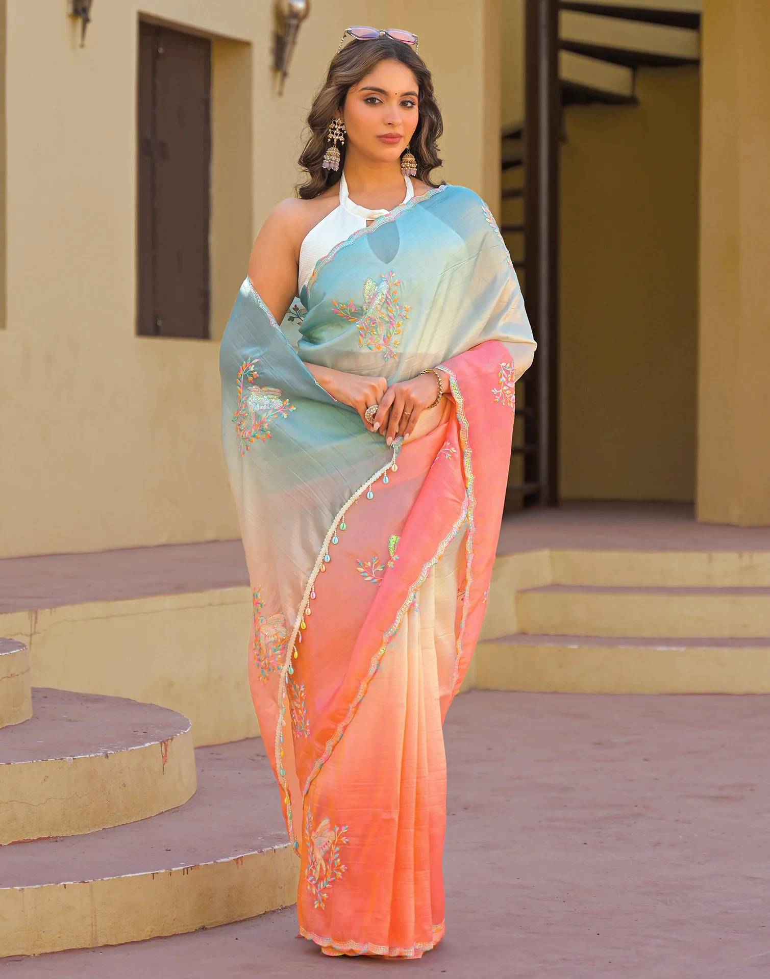 Light Blue Tissue Silk Sequence Embroidery Saree - Image 6