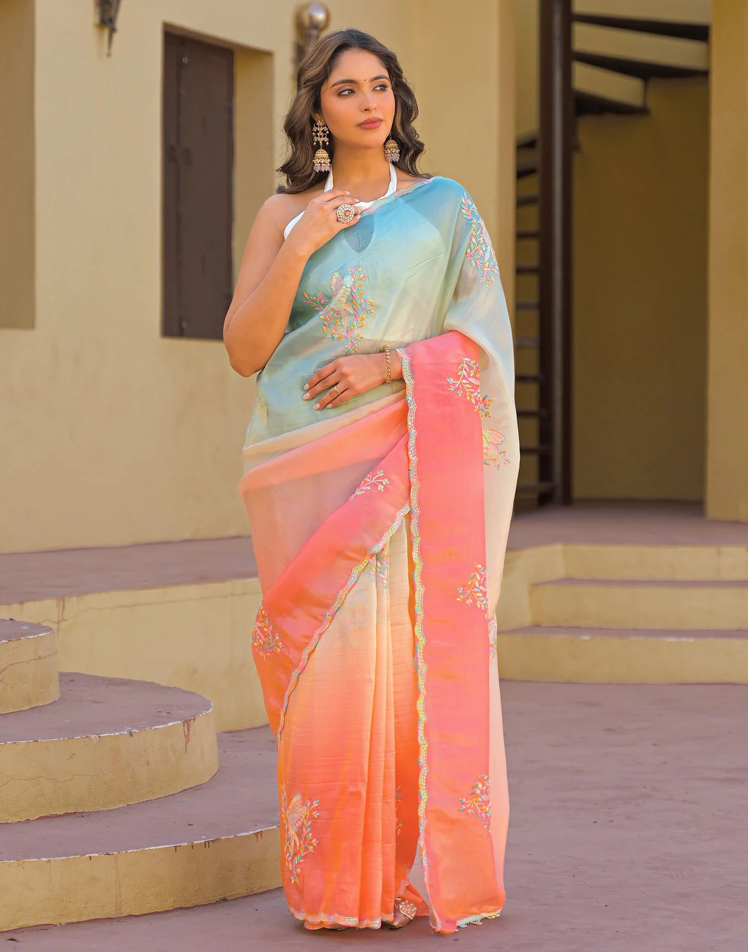 Light Blue Tissue Silk Sequence Embroidery Saree - Image 8