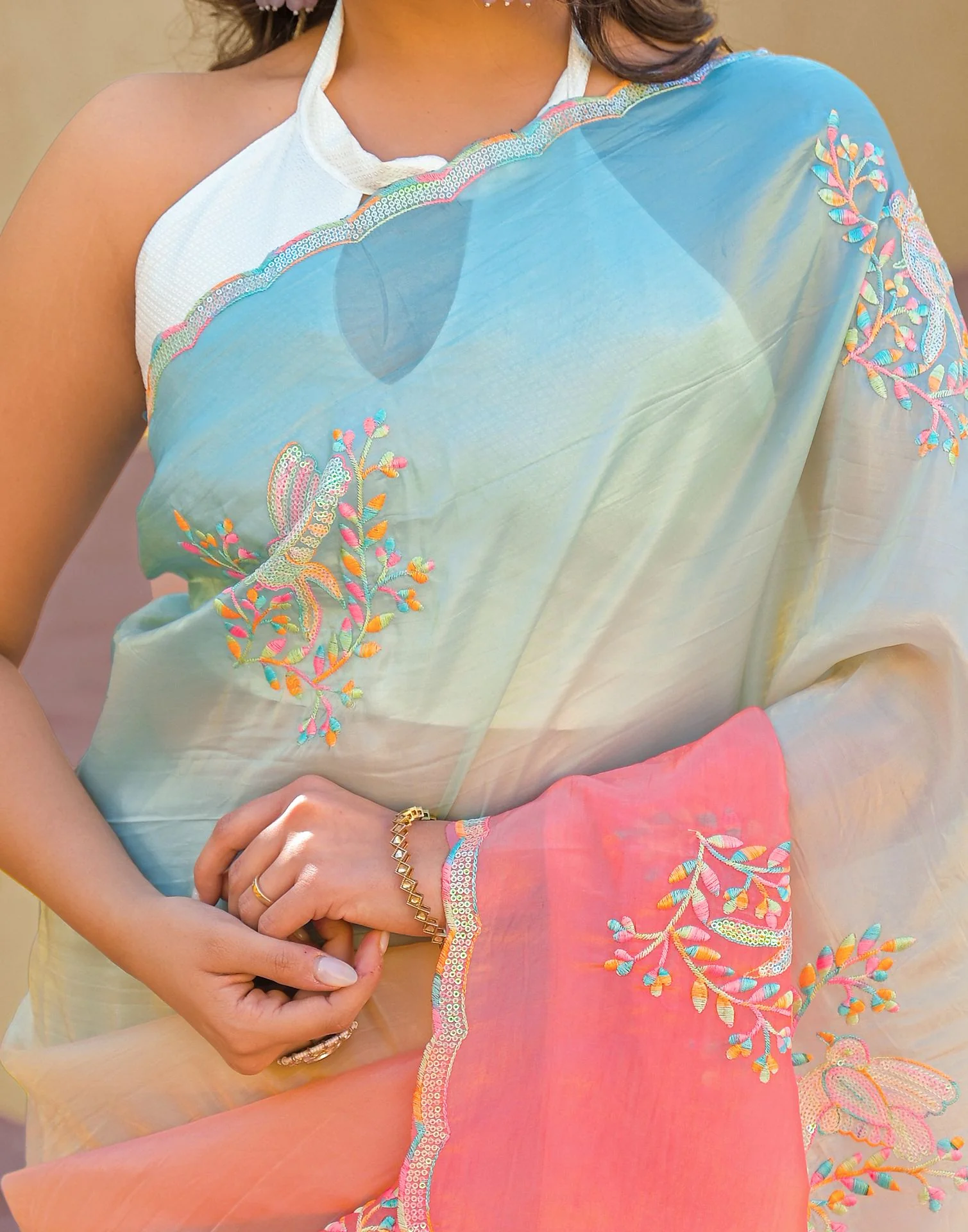 Light Blue Tissue Silk Sequence Embroidery Saree - Image 9