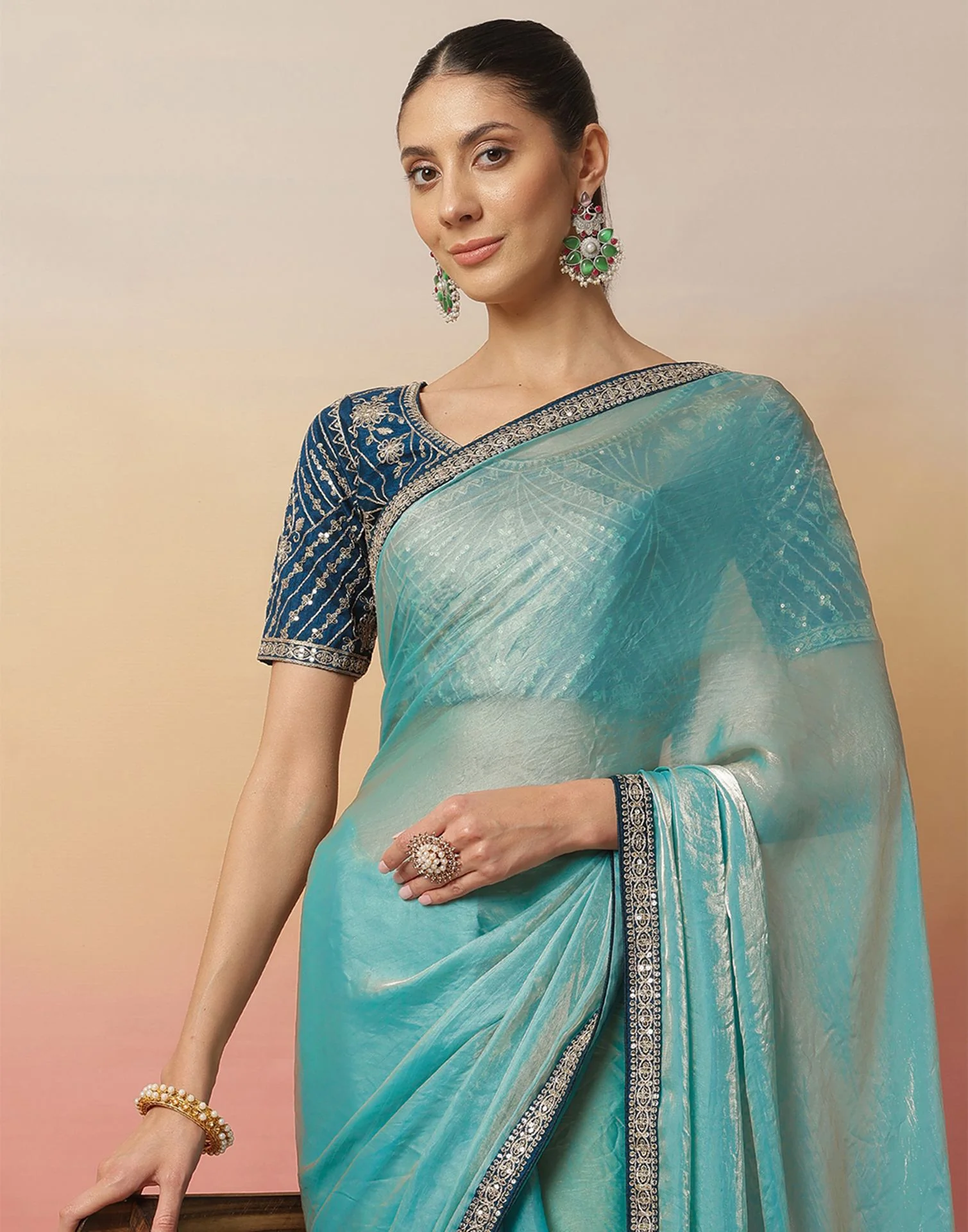 Light Blue Tissue Silk Sequence Lace Saree - Image 2