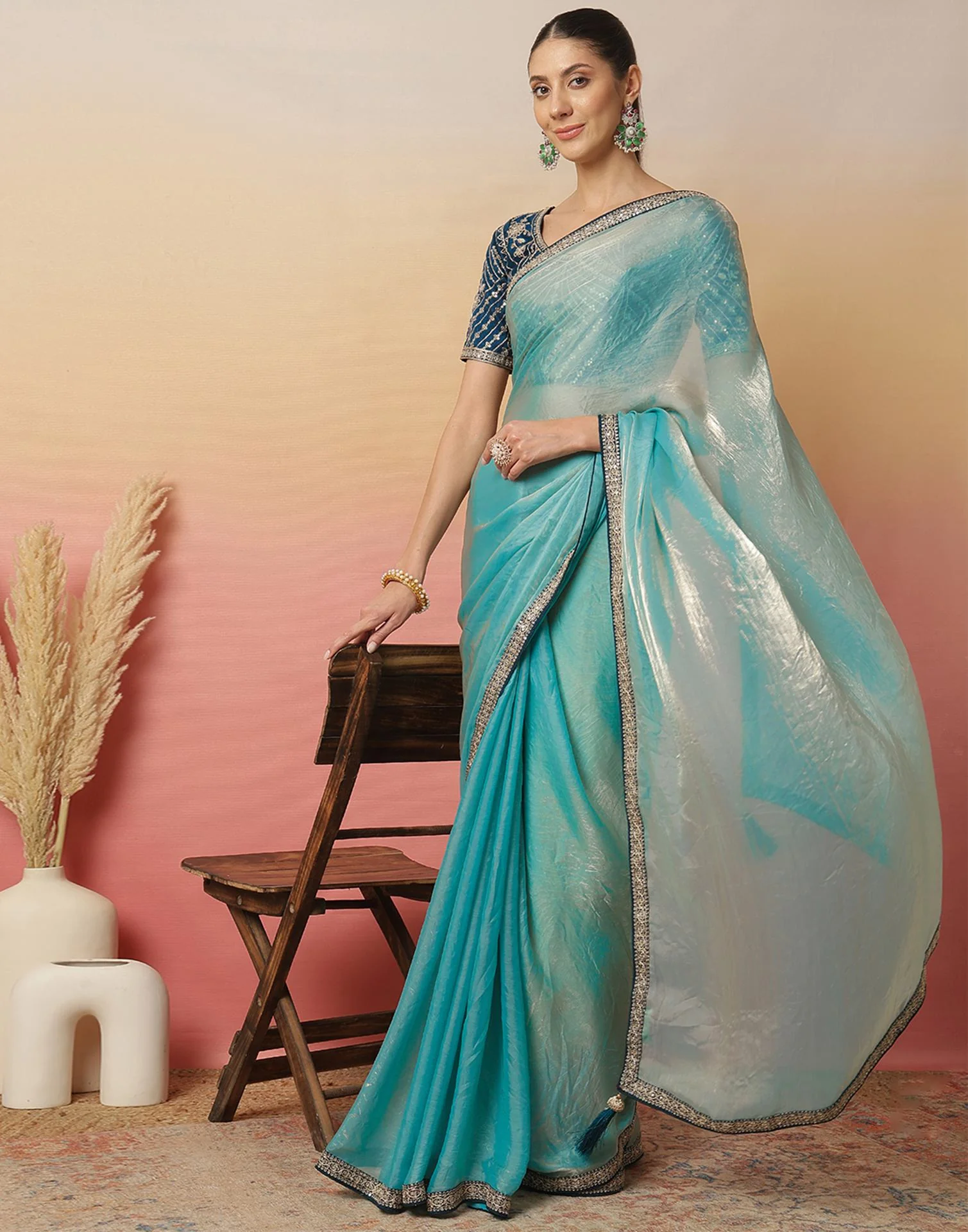 Light Blue Tissue Silk Sequence Lace Saree - Image 4