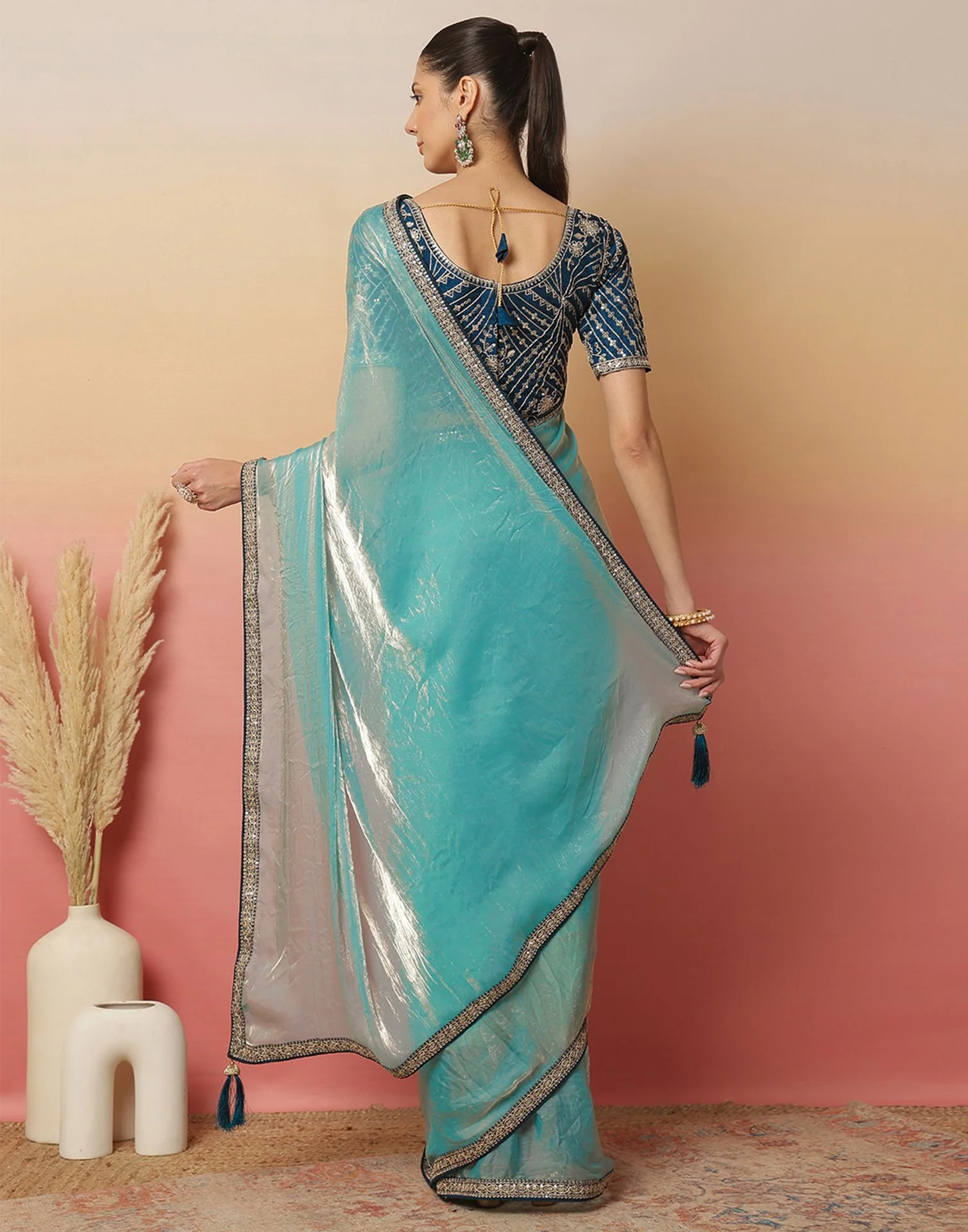 Light Blue Tissue Silk Sequence Lace Saree - Image 5