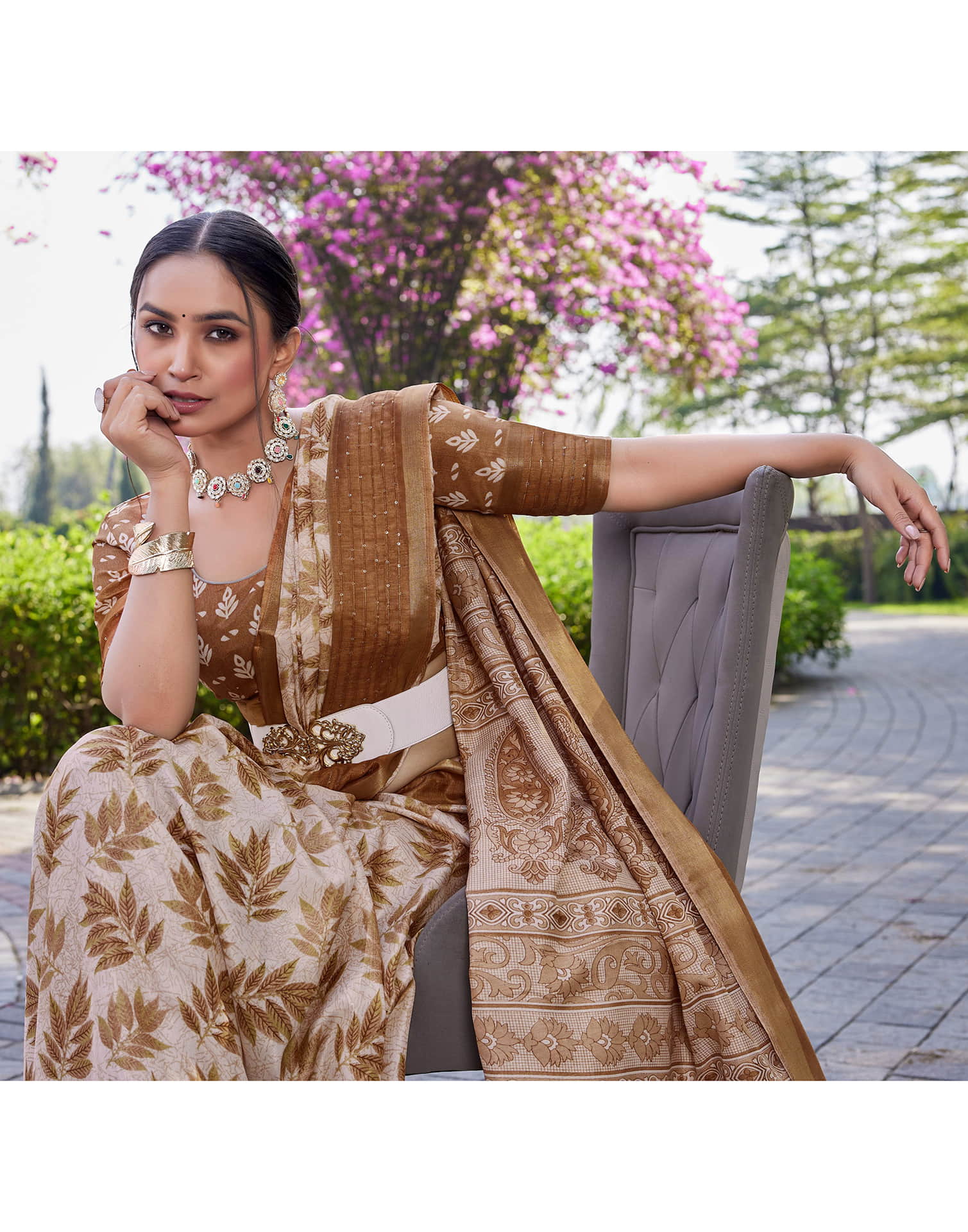 Light Brown Chanderi Printed Saree - Image 4