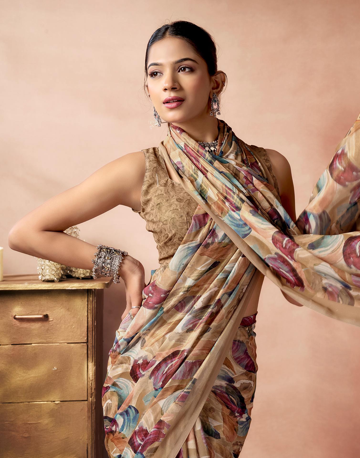 Light Brown Georgette Printed Saree - Image 2