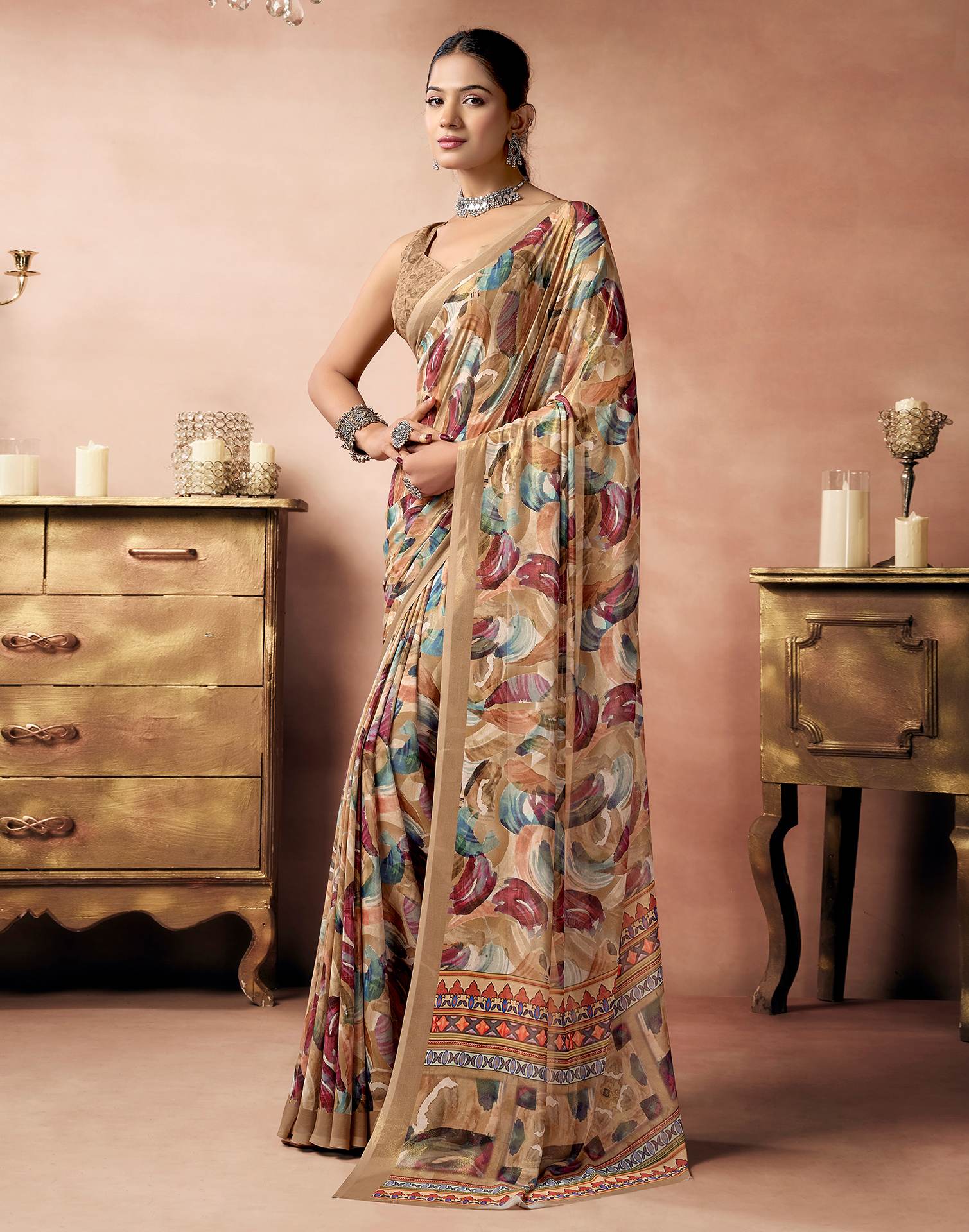 Light Brown Georgette Printed Saree - Image 4
