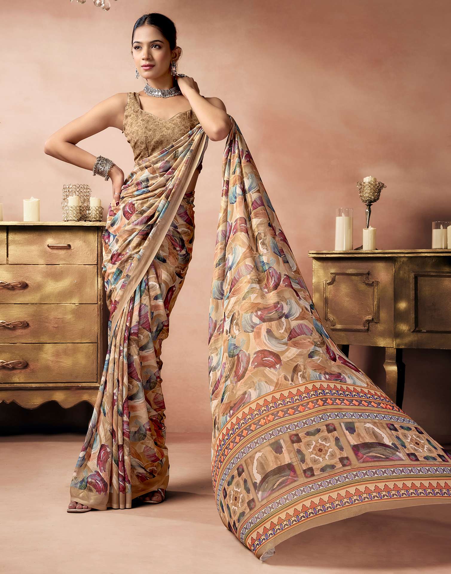 Light Brown Georgette Printed Saree - Image 5