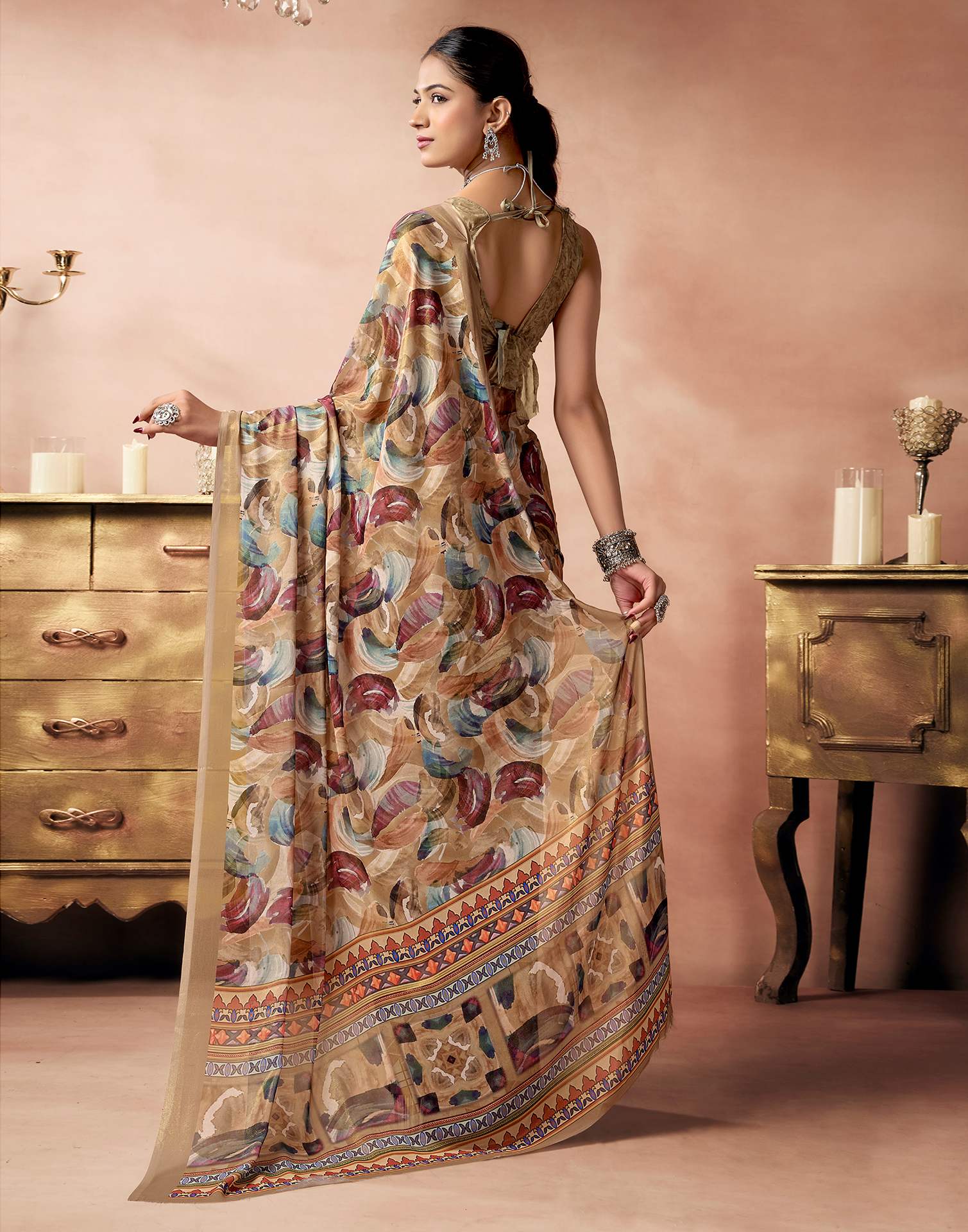 Light Brown Georgette Printed Saree - Image 6