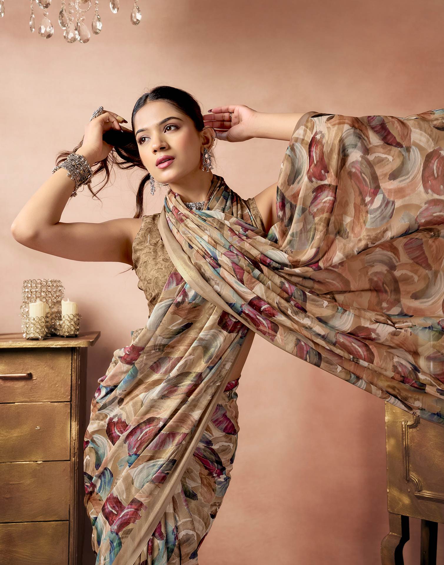 Light Brown Georgette Printed Saree - Image 7
