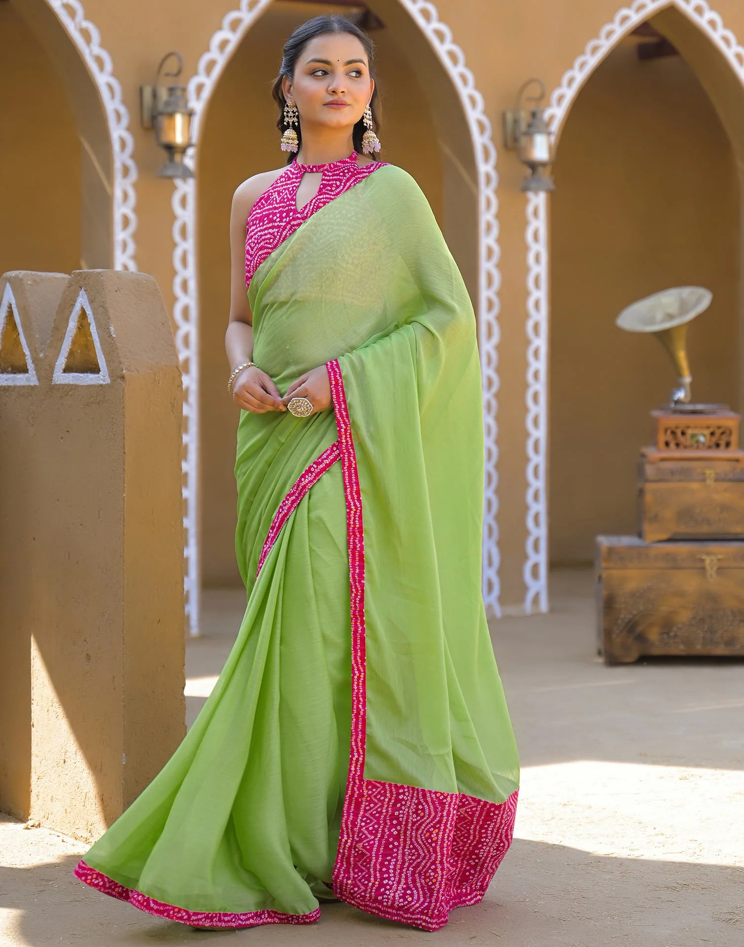 Light Green Chiffon Printed Lace Saree - Image 4