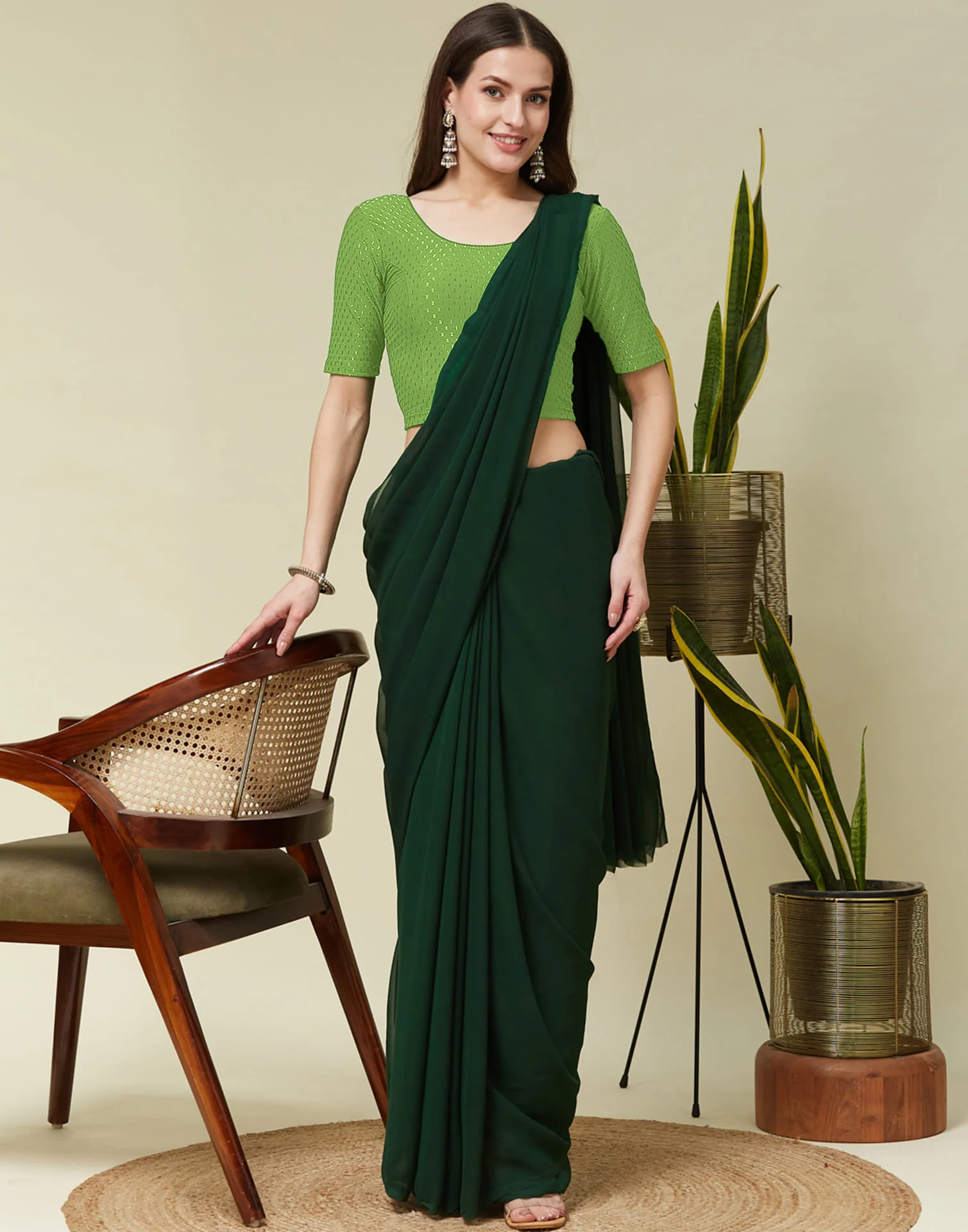 Light Green Cotton Dyed Self Woven Blouse - Image 7