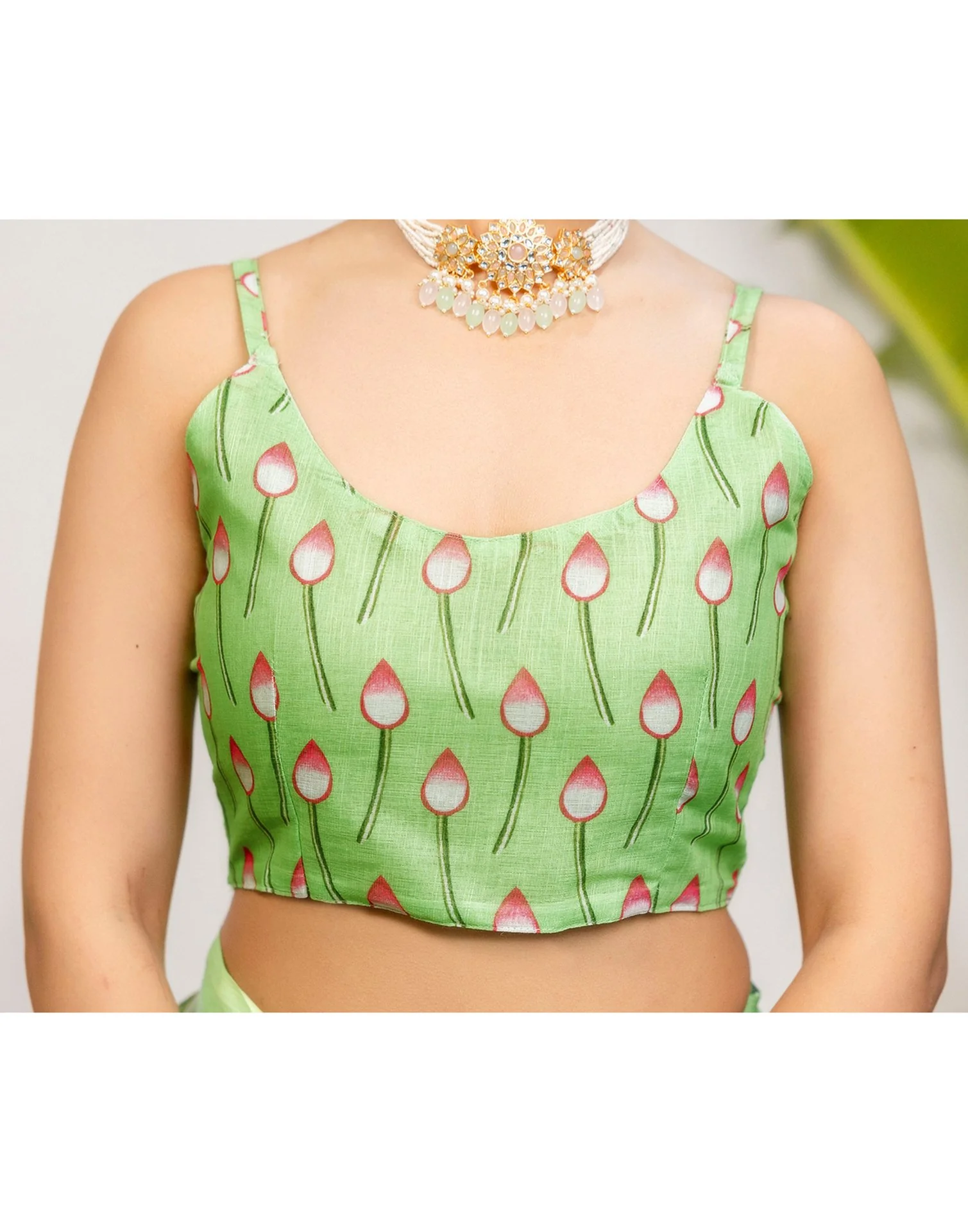 Light Green Cotton Floral Printed Saree - Image 12