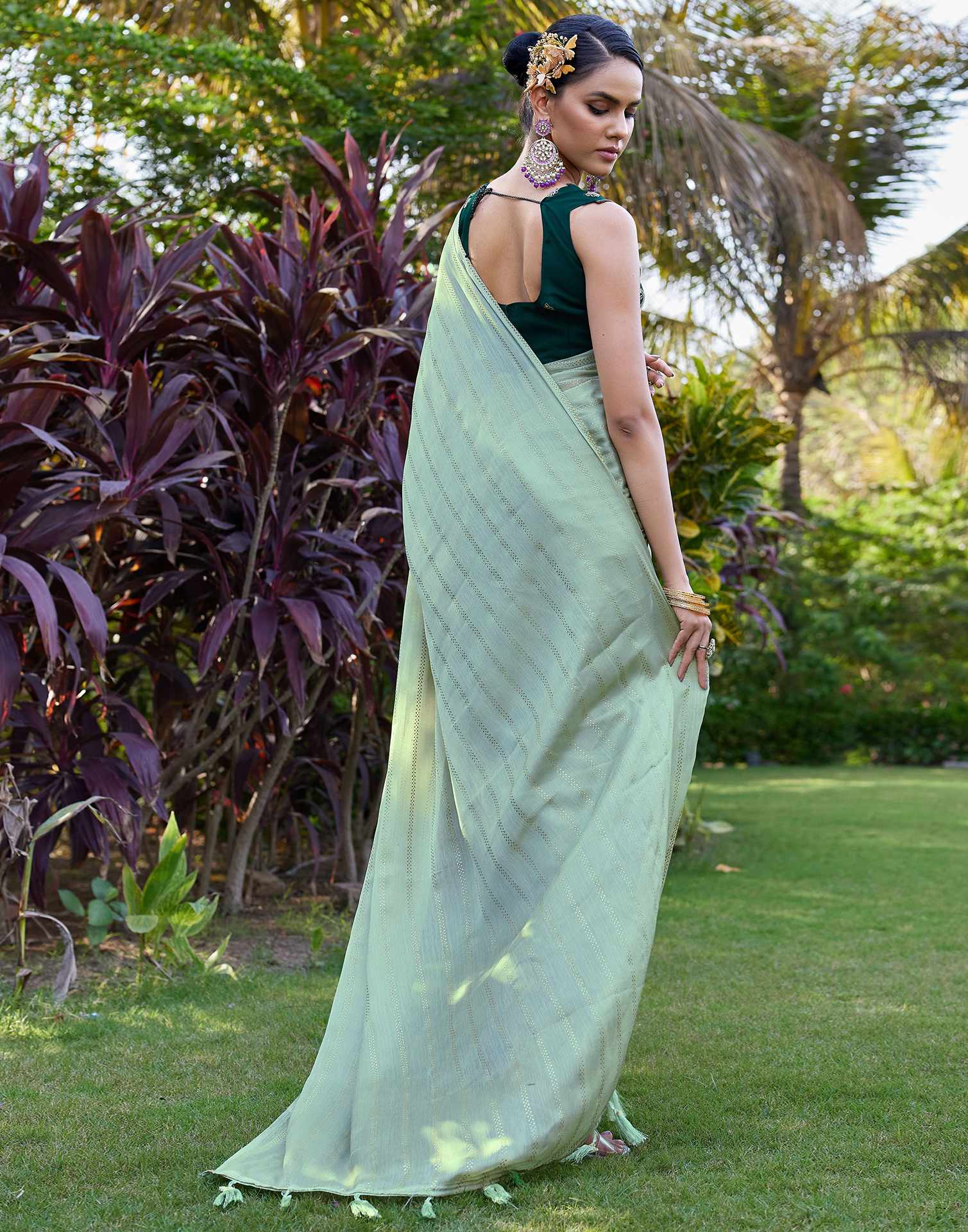 Light Green Georgette Foil Printed Saree - Image 6