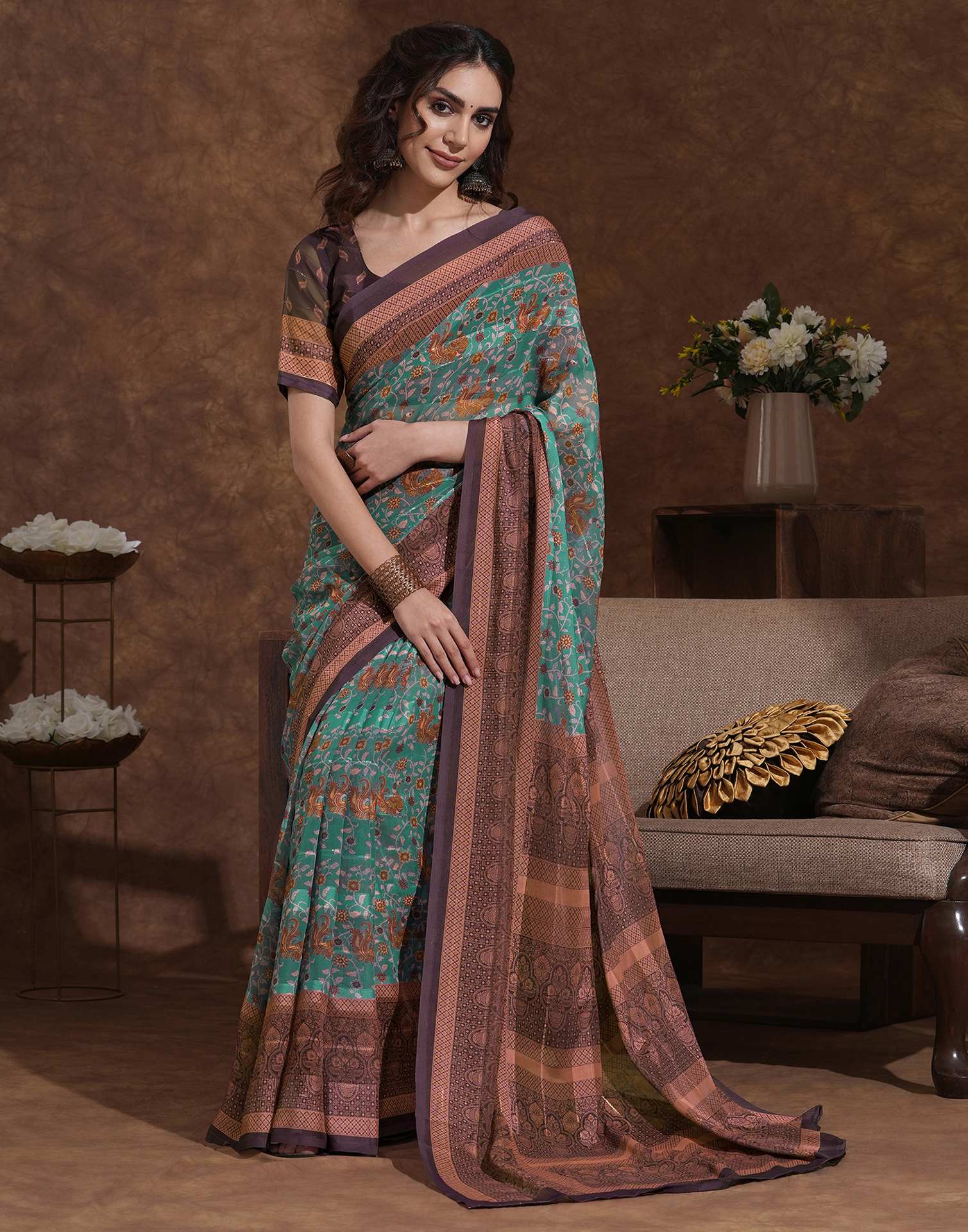 Light Green Georgette Woven Printed Saree - Image 5