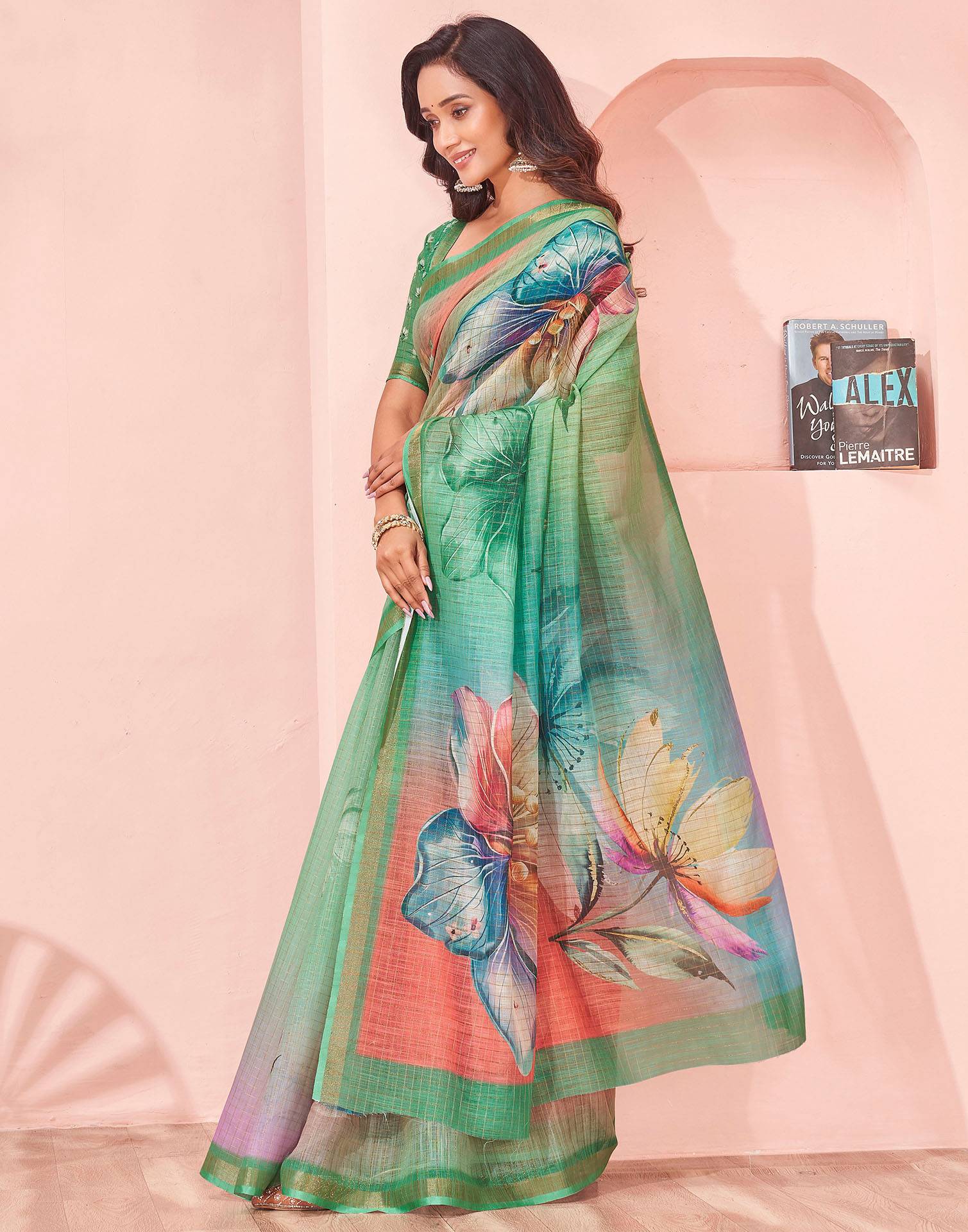 Light Green Linen Floral Printed Saree - Image 4