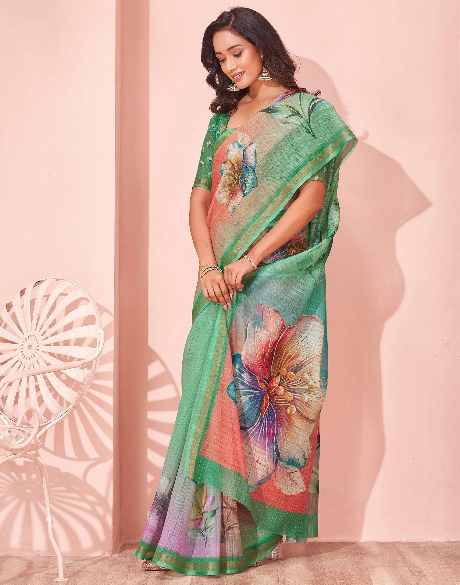 Light Green Linen Floral Printed Saree - Image 7