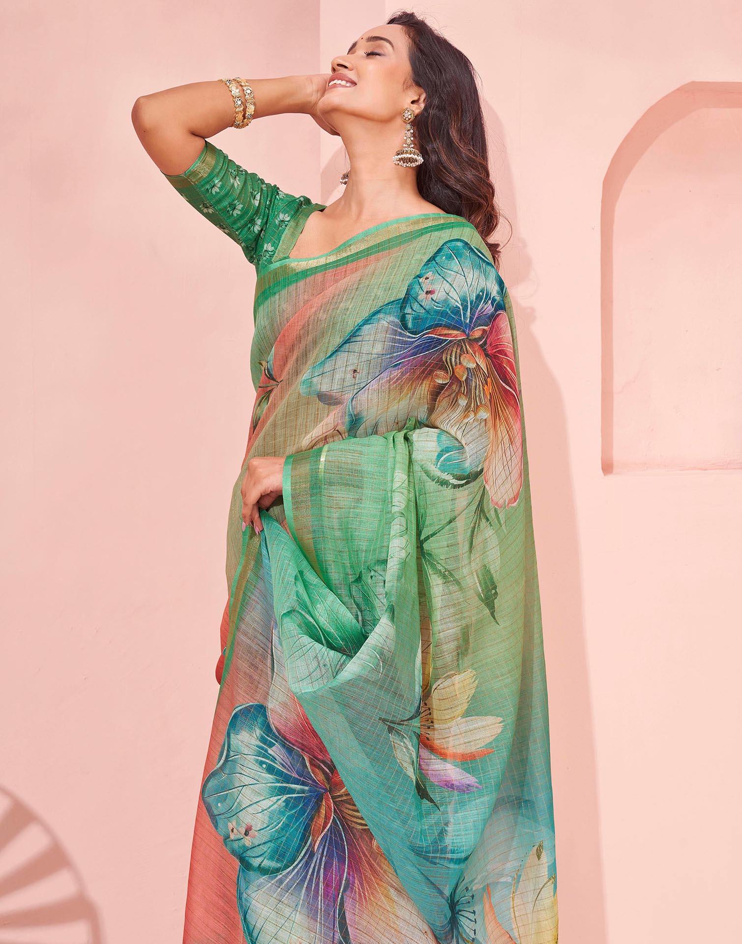 Light Green Linen Floral Printed Saree - Image 8