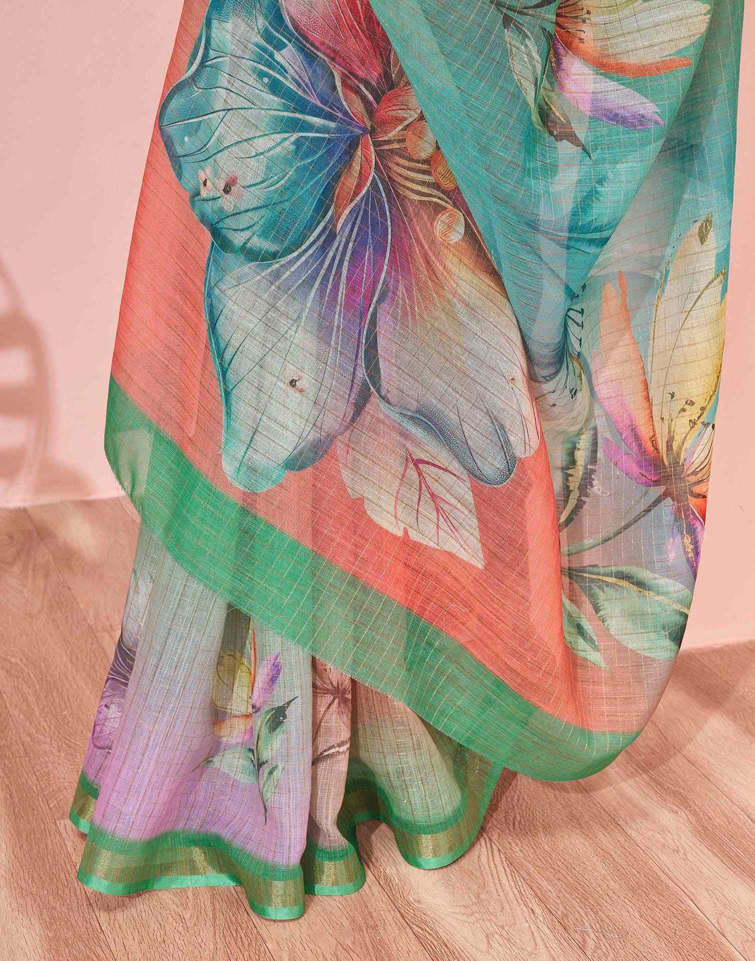 Light Green Linen Floral Printed Saree - Image 9