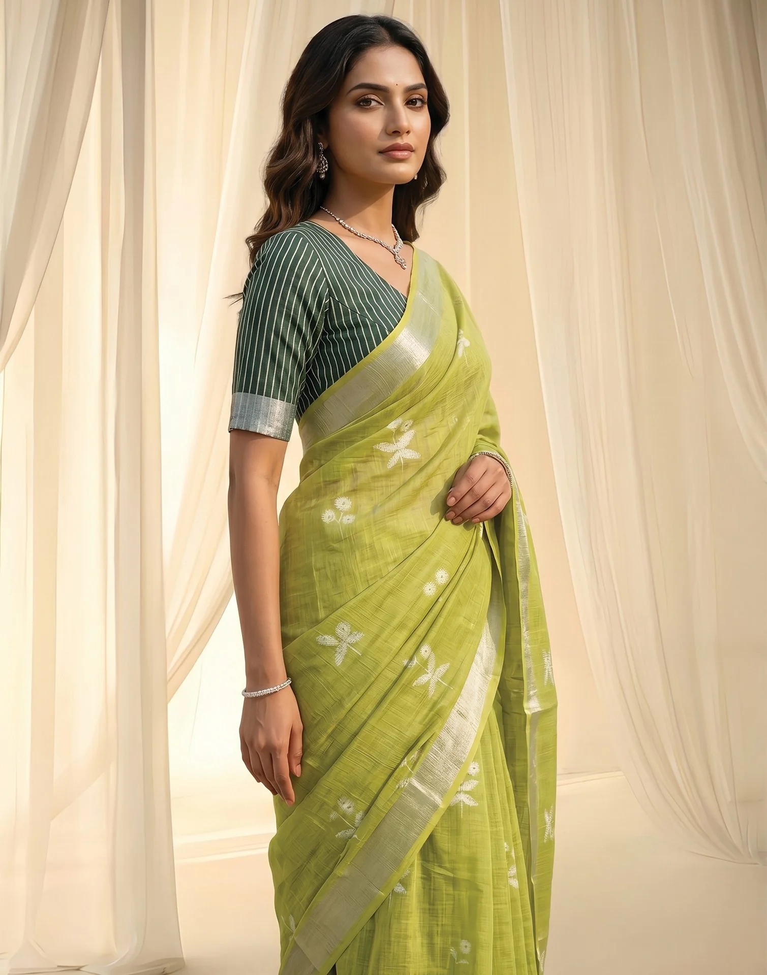 Light Green Linen Printed Zari Border Saree - Image 2