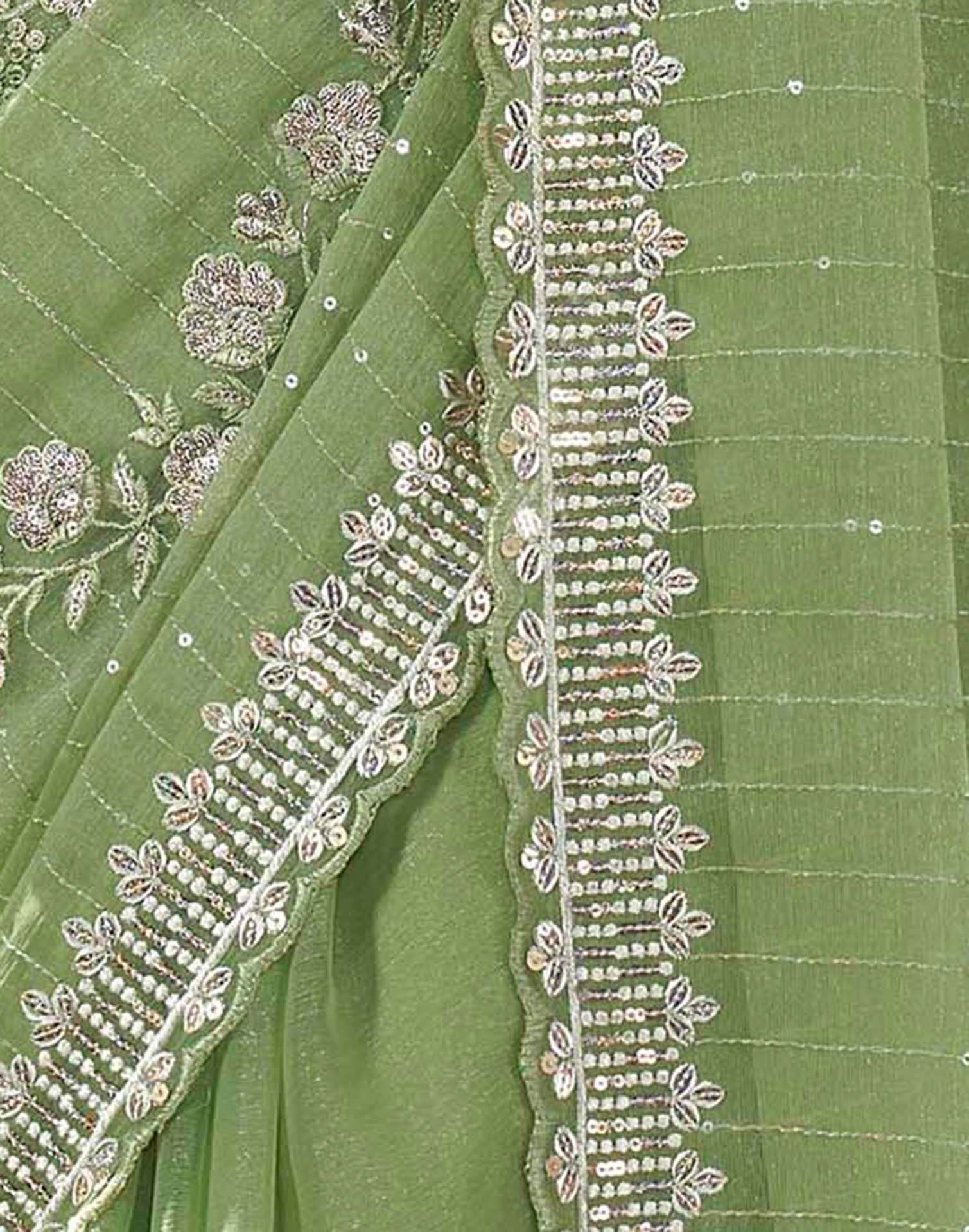 Light Green Organza Sequence Embroidery Saree - Image 8