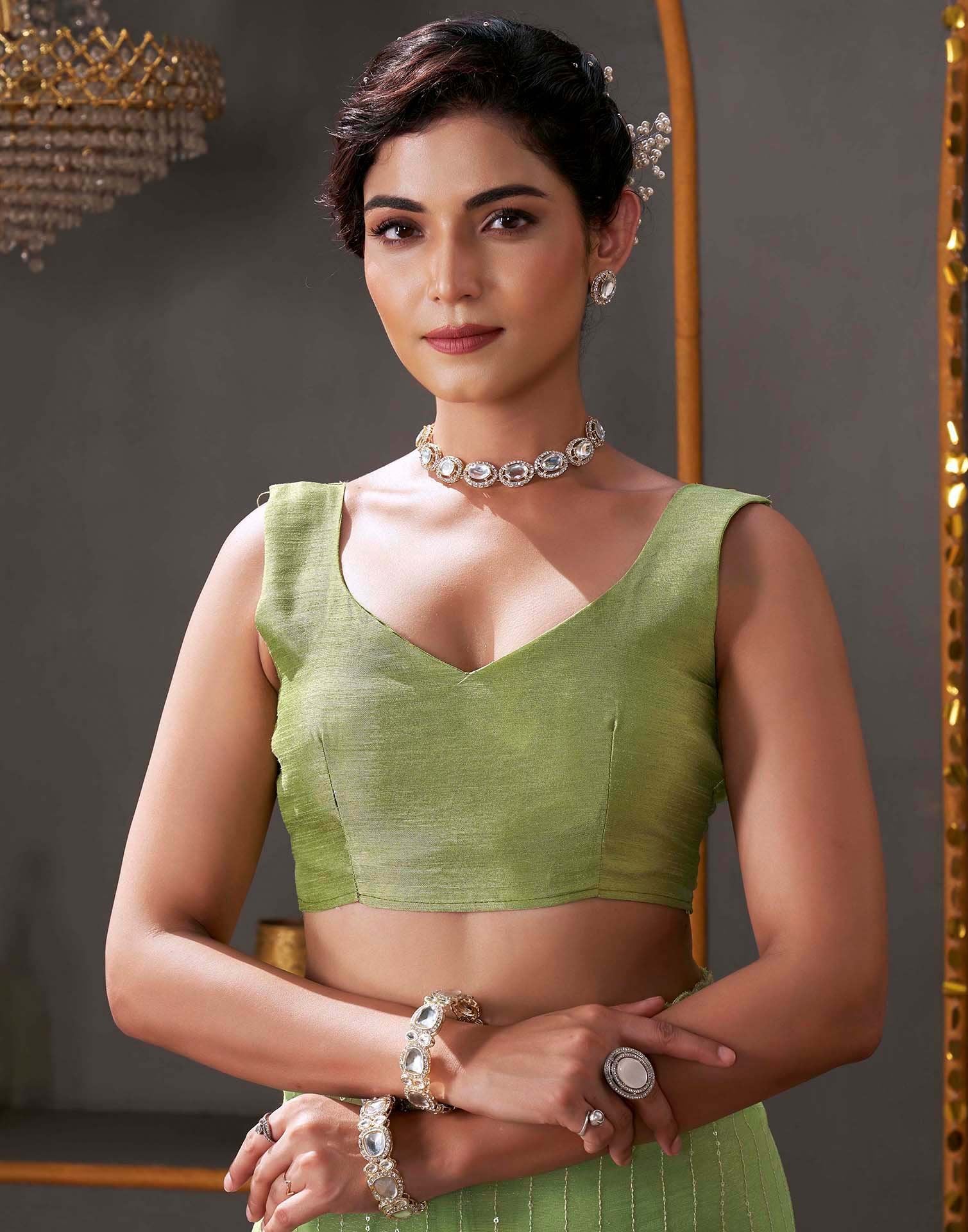 Light Green Organza Sequence Embroidery Saree - Image 9
