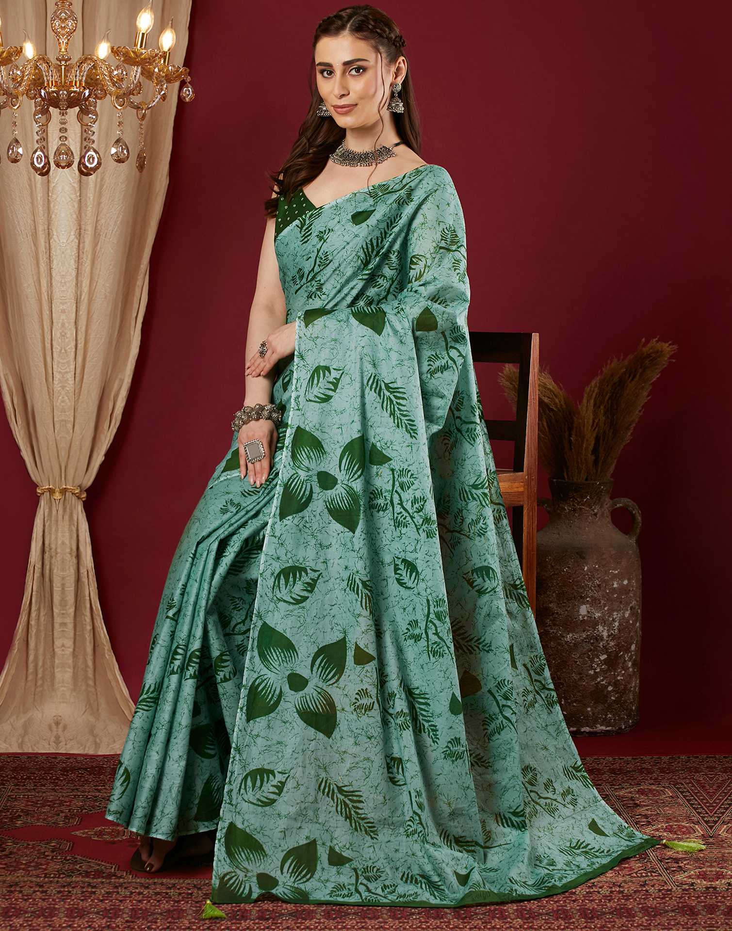 Light Green Pure Cotton Printed Saree - Image 4