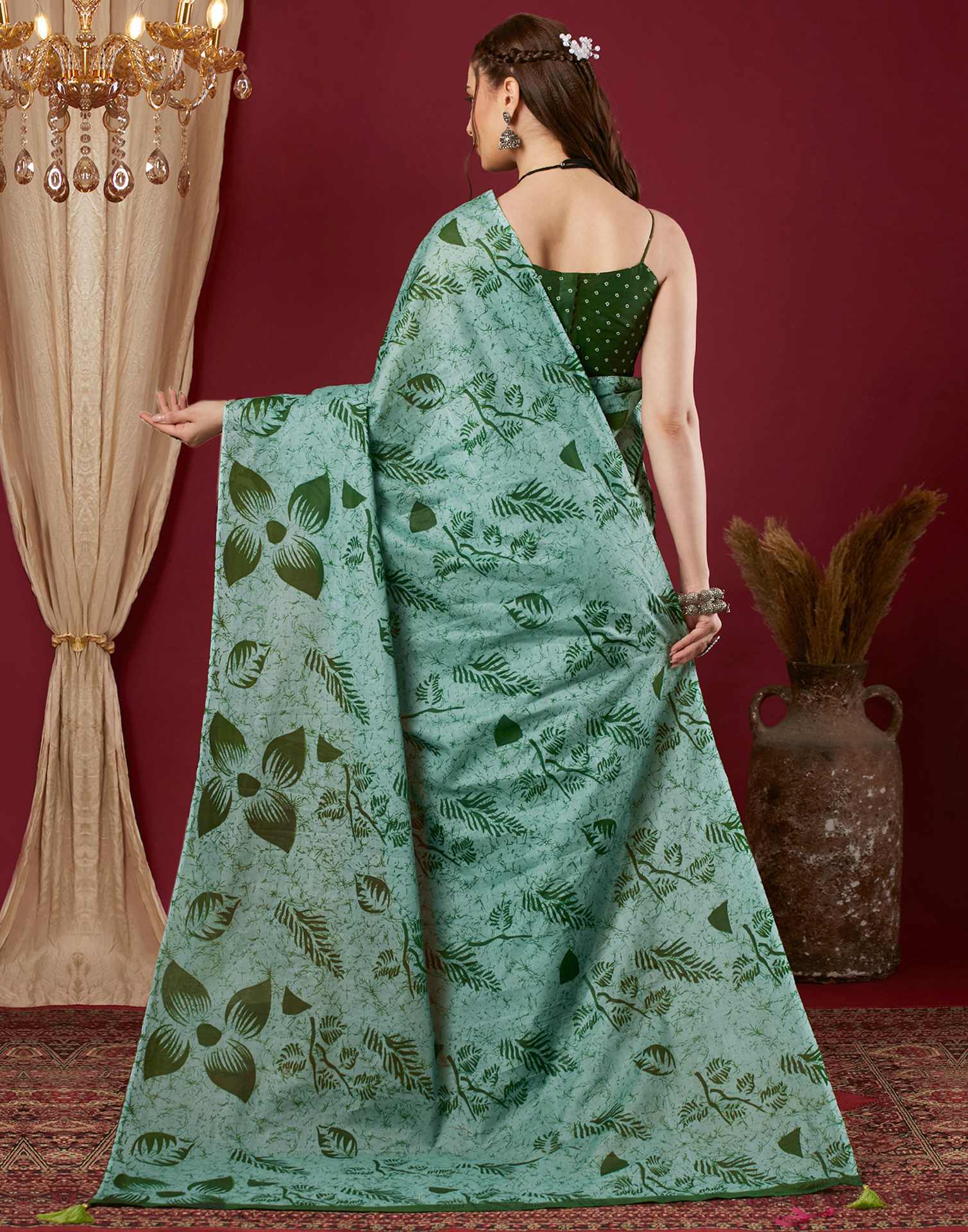 Light Green Pure Cotton Printed Saree - Image 5